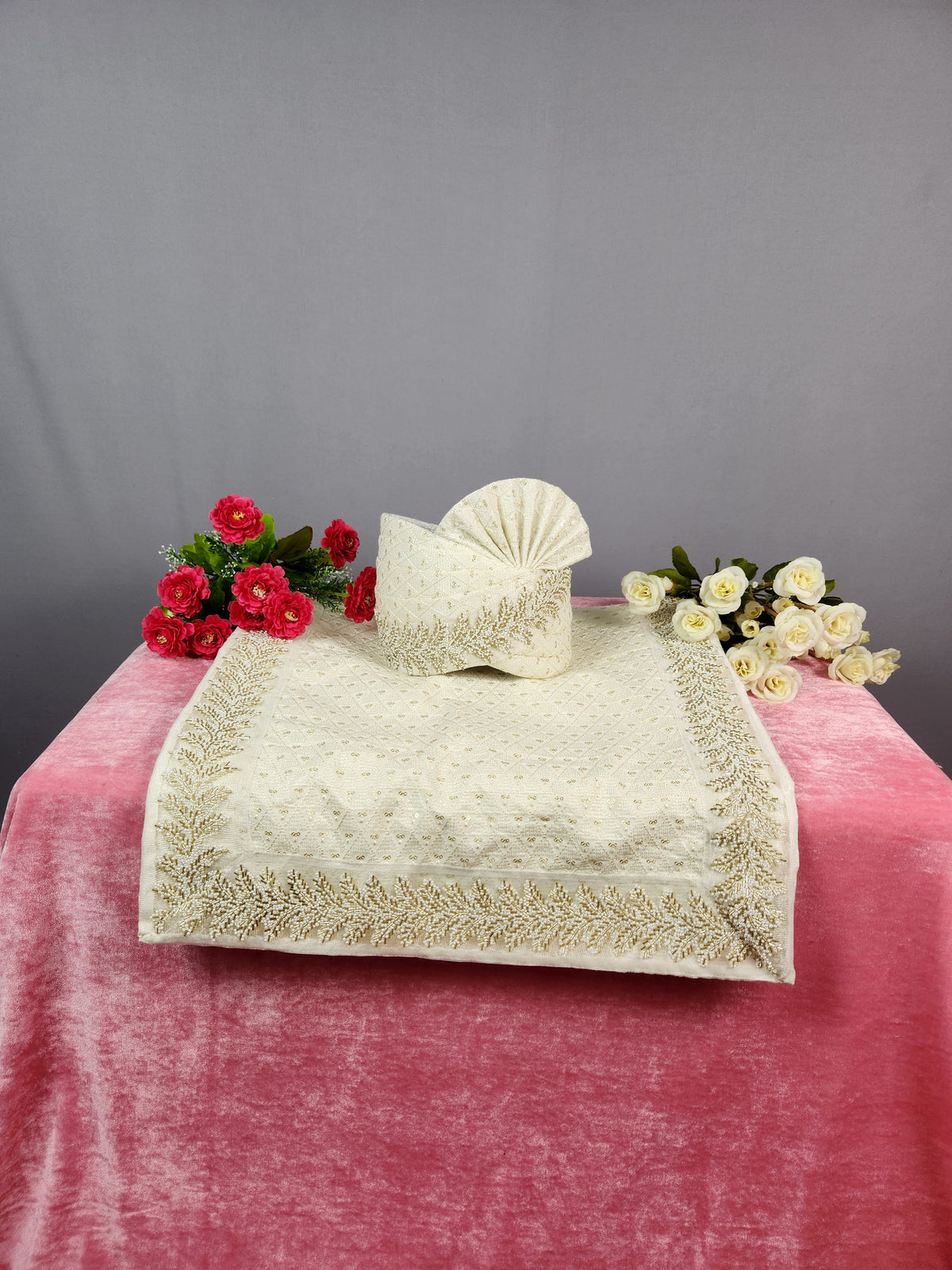 White Groom Turban Shawl With Beads Work | Dupatta Safa Set For Men