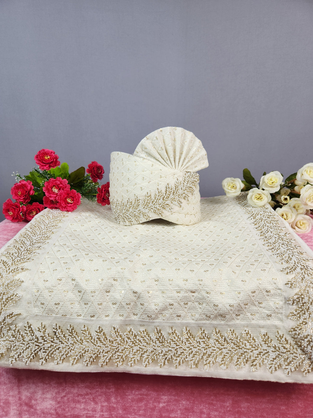 White Groom Turban Shawl With Beads Work | Dupatta Safa Set For Men