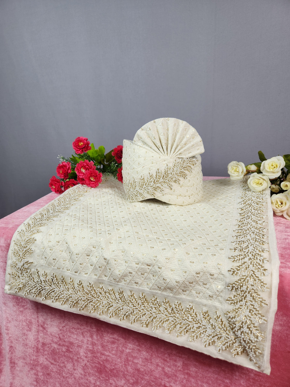 White Groom Turban Shawl With Beads Work | Dupatta Safa Set For Men