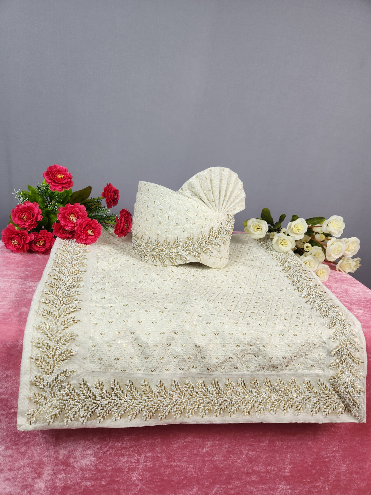 White Groom Turban Shawl With Beads Work | Dupatta Safa Set For Men