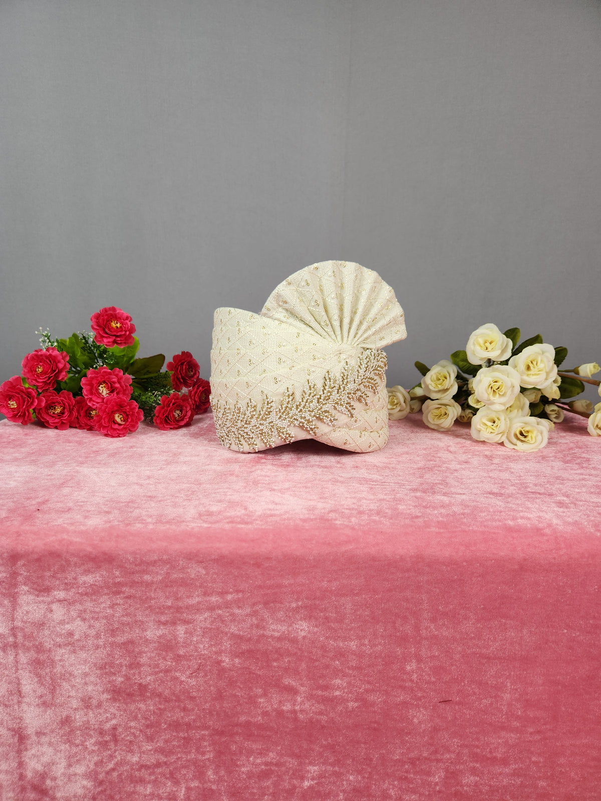 White Groom Turban Shawl With Beads Work | Dupatta Safa Set For Men