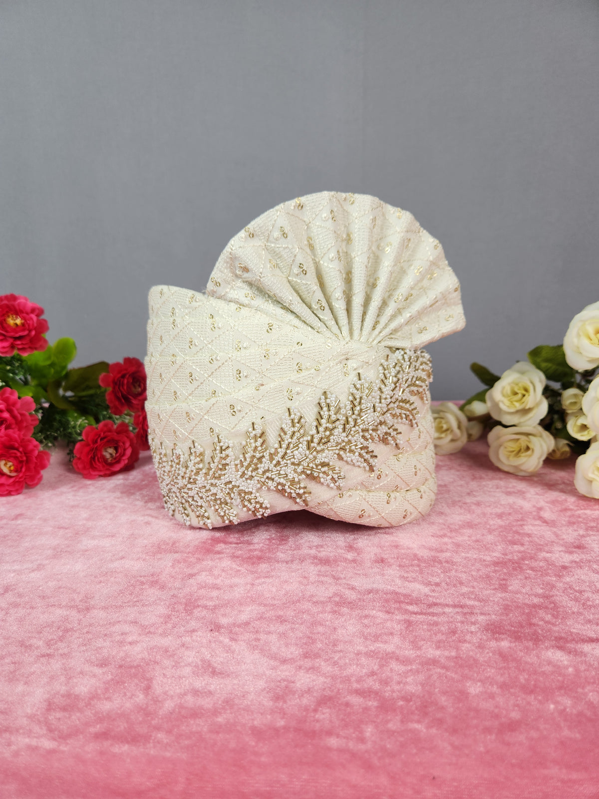 White Groom Turban Shawl With Beads Work | Dupatta Safa Set For Men