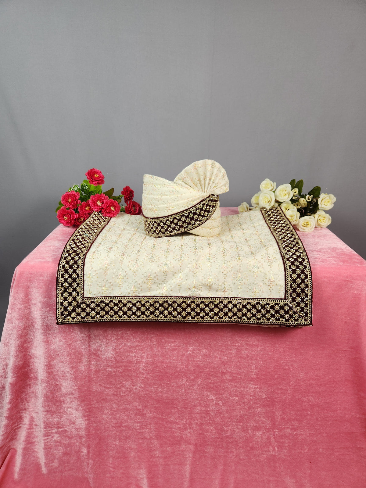 Cream Ivory Groom Turban Shawl | Dupatta Safa Set For Men