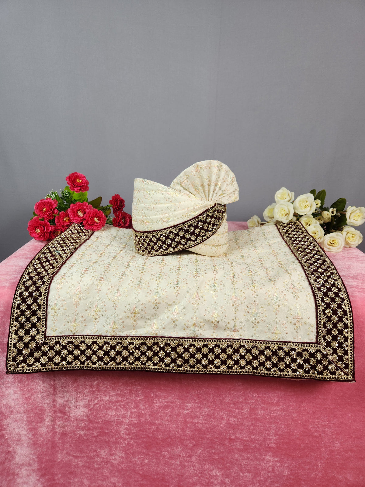 Cream Ivory Groom Turban Shawl | Dupatta Safa Set For Men