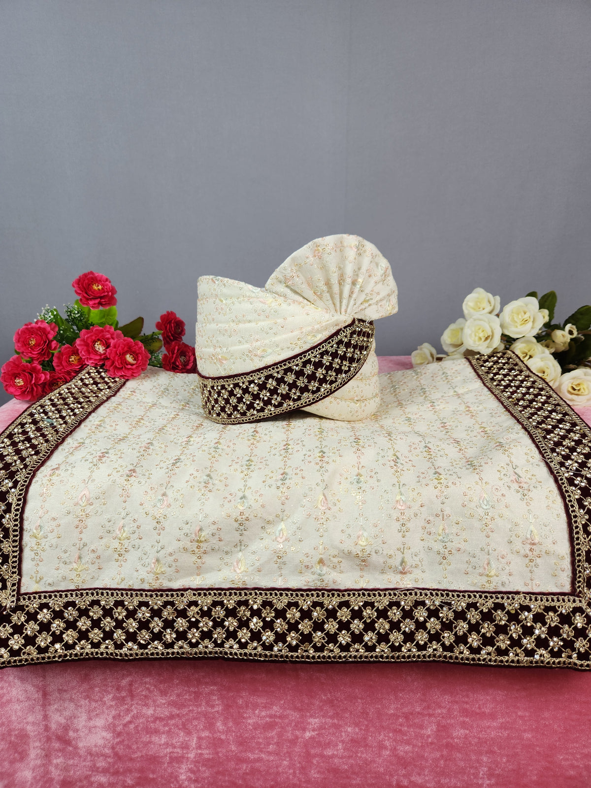 Cream Ivory Groom Turban Shawl | Dupatta Safa Set For Men