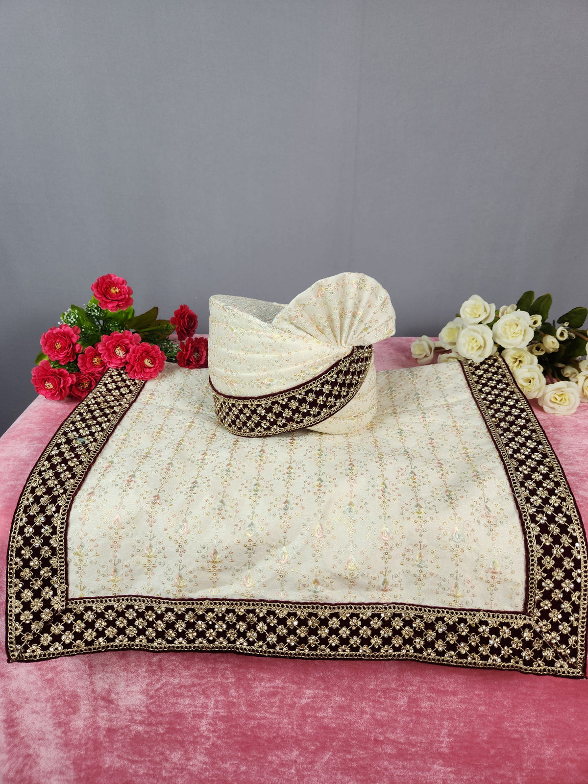 Cream Ivory Groom Turban Shawl | Dupatta Safa Set For Men