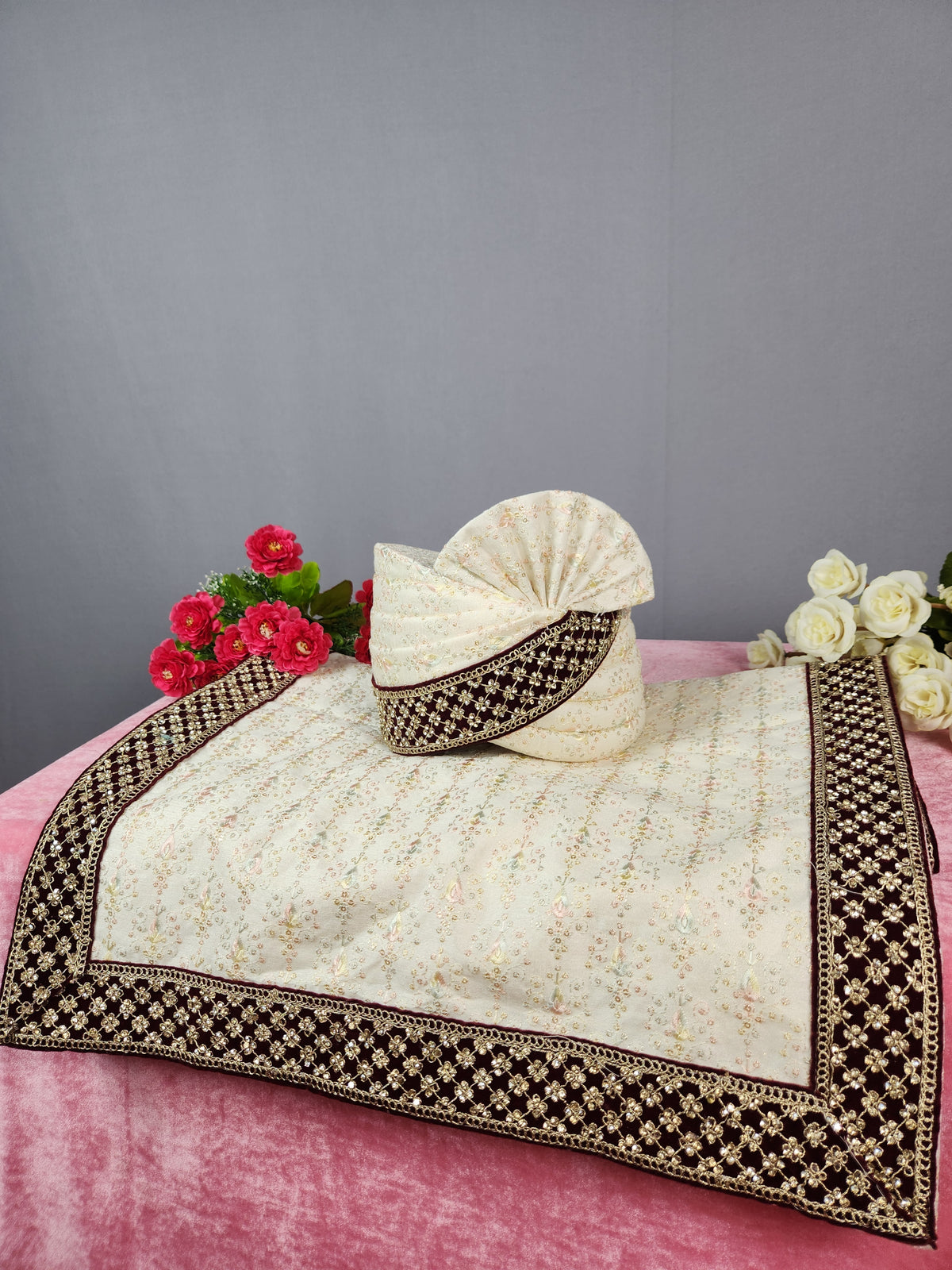 Cream Ivory Groom Turban Shawl | Dupatta Safa Set For Men