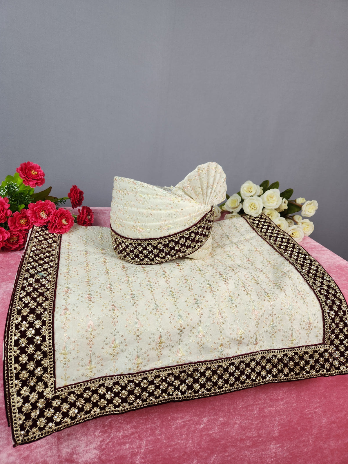 Cream Ivory Groom Turban Shawl | Dupatta Safa Set For Men