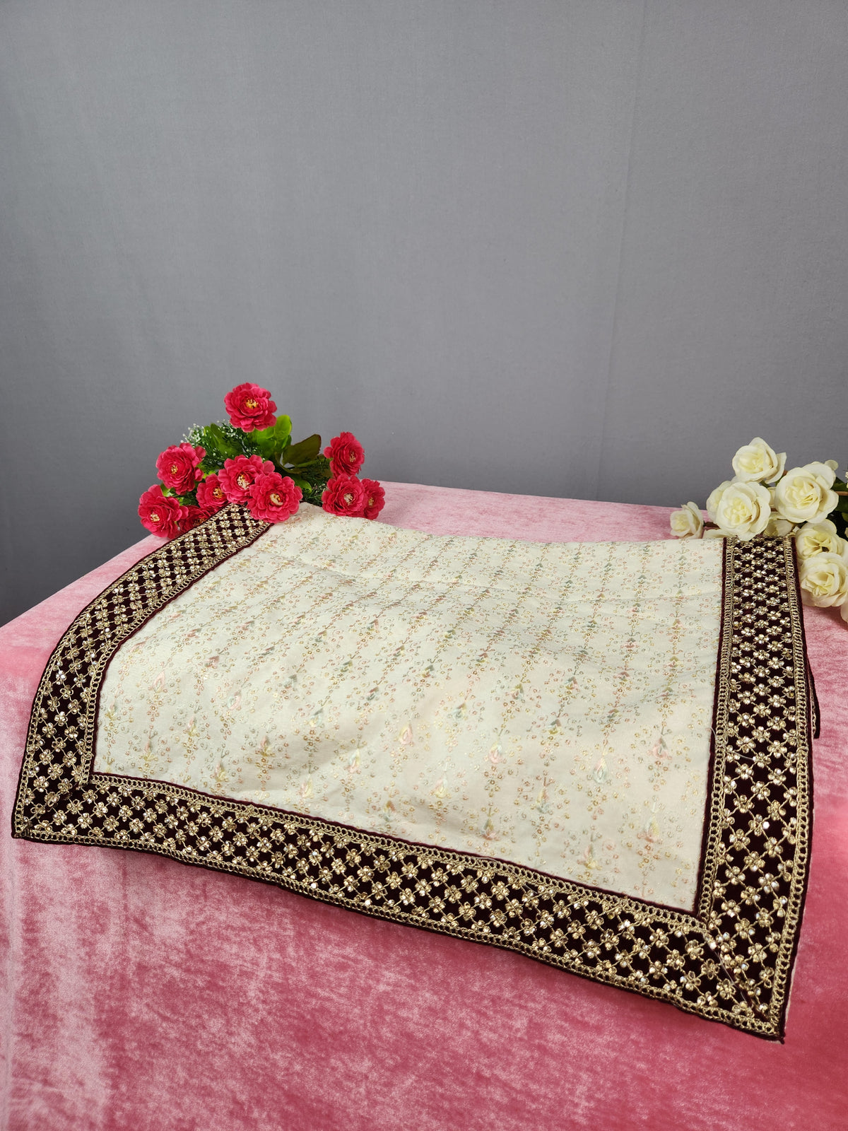 Cream Ivory Shawl - A Red Velvet Border Stole