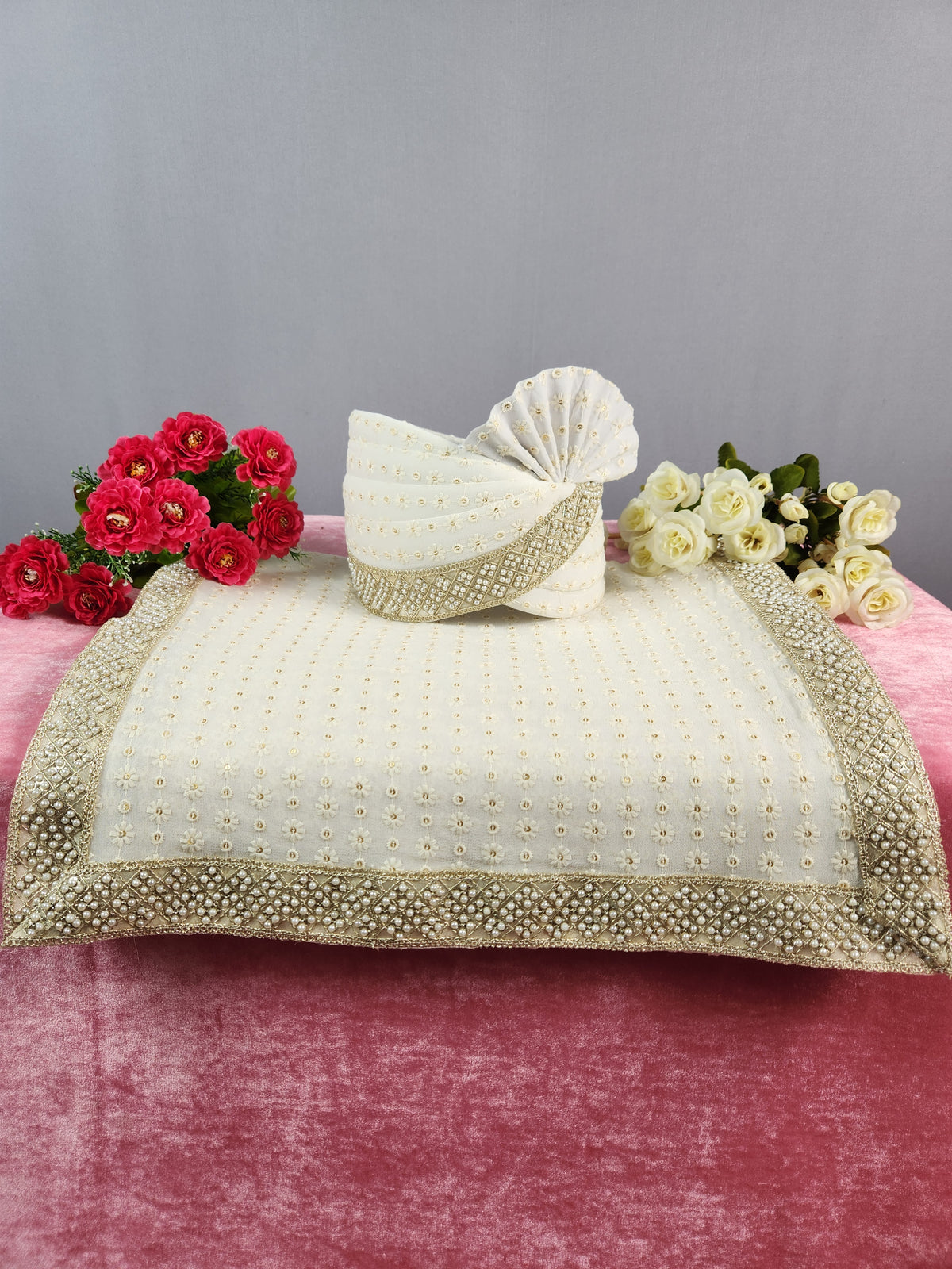 White Groom Turban Shawl With Pearl Work | Dupatta Safa Set For Men