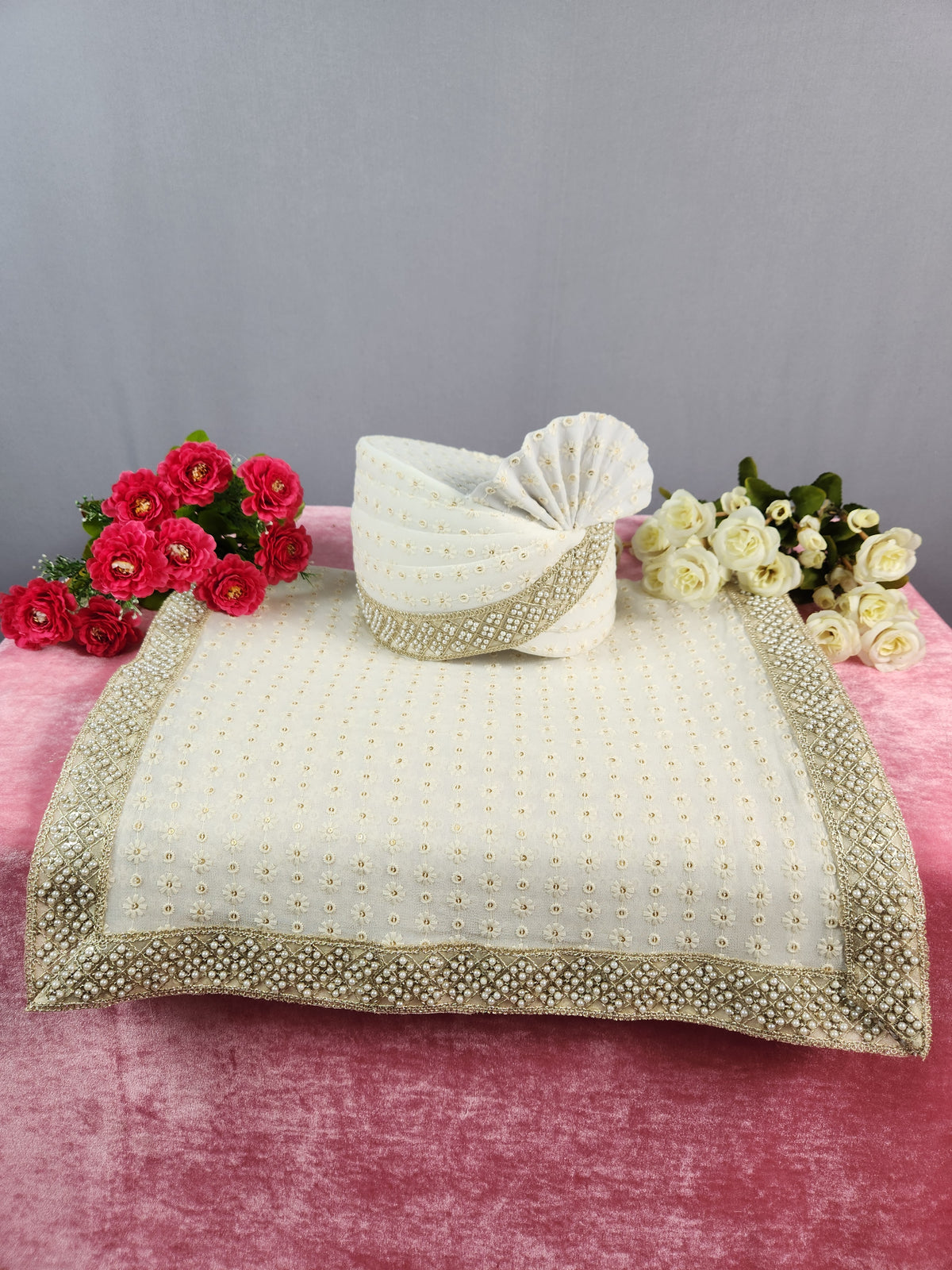 White Groom Turban Shawl With Pearl Work | Dupatta Safa Set For Men