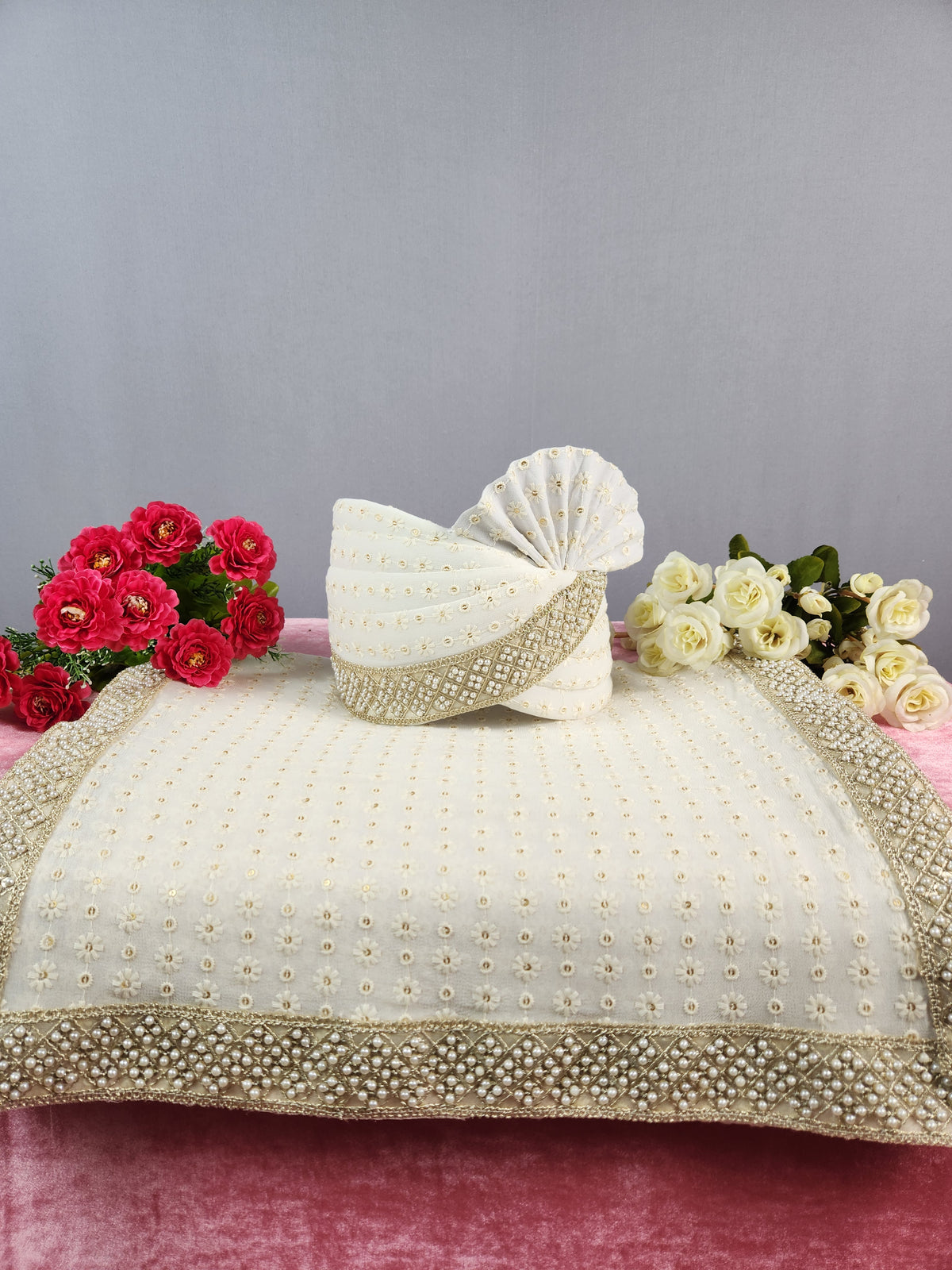 White Groom Turban Shawl With Pearl Work | Dupatta Safa Set For Men