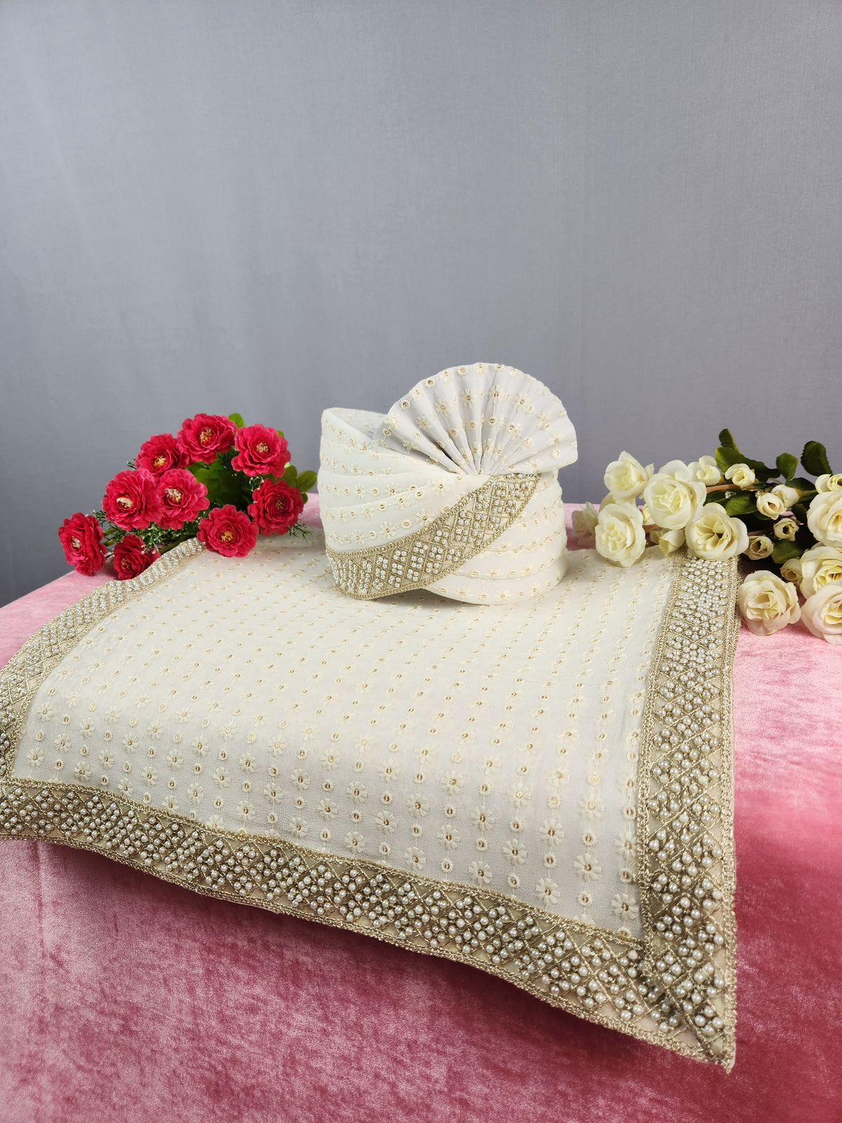 White Groom Turban Shawl With Pearl Work | Dupatta Safa Set For Men
