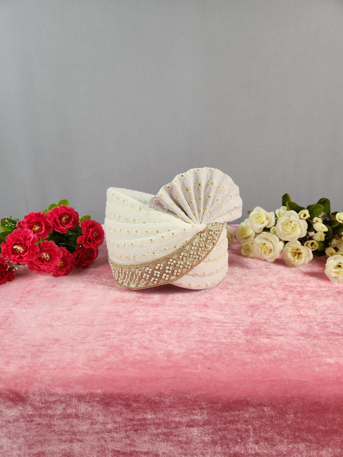 White Groom Turban Shawl With Pearl Work | Dupatta Safa Set For Men