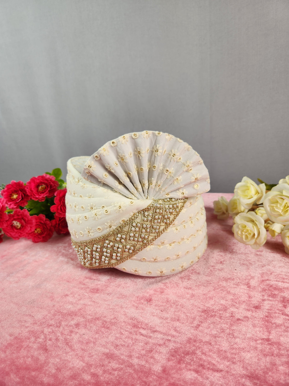 White Groom Turban Shawl With Pearl Work | Dupatta Safa Set For Men