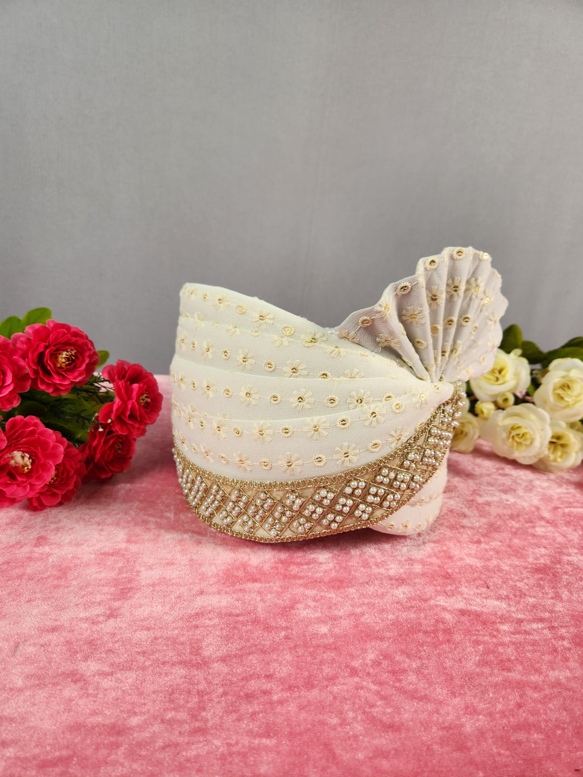 White Groom Turban Shawl With Pearl Work | Dupatta Safa Set For Men