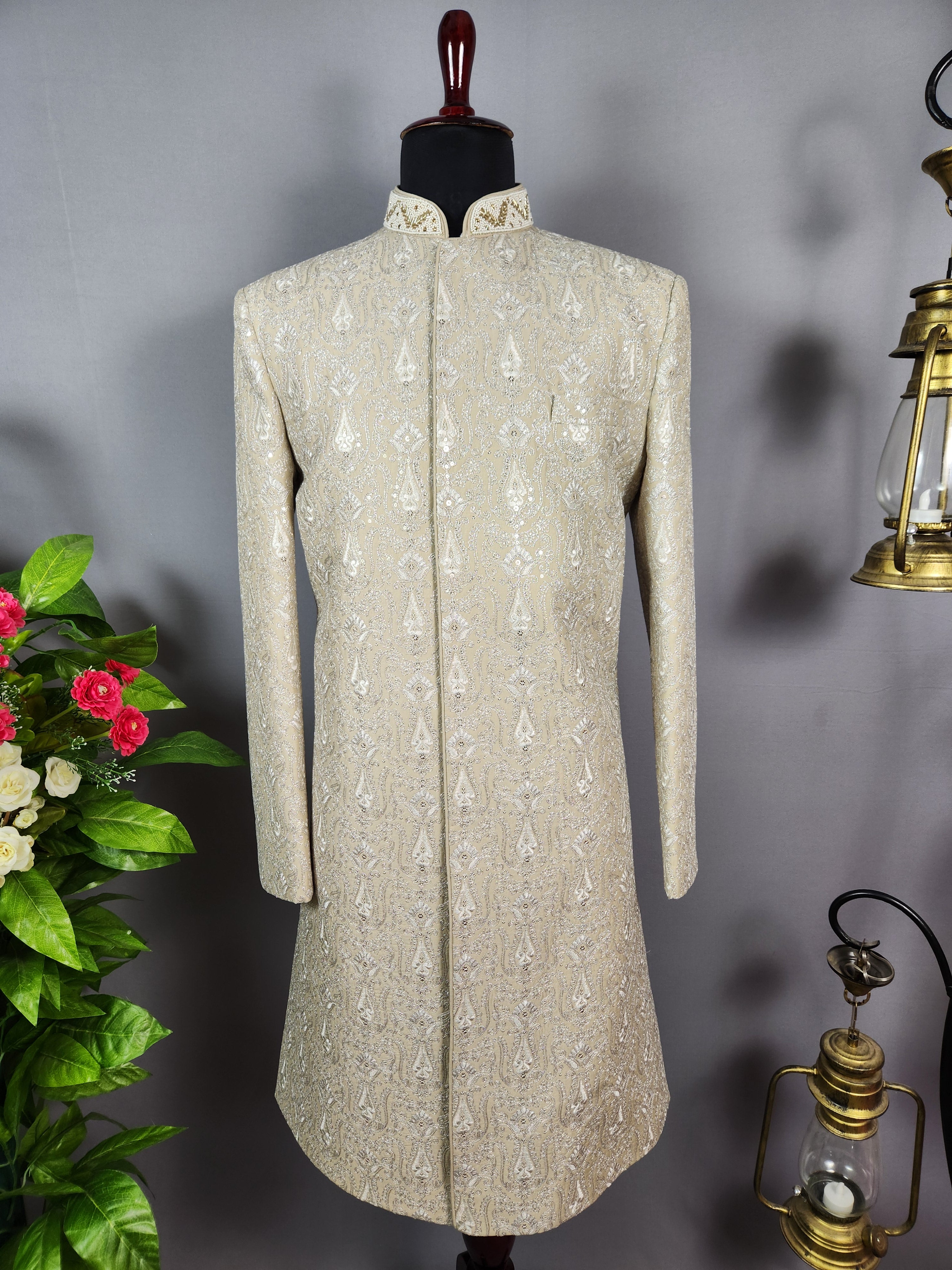 Champagne Beige Wedding Groom Sherwani - Silver Zari Embroidery  | Sherwani For Men