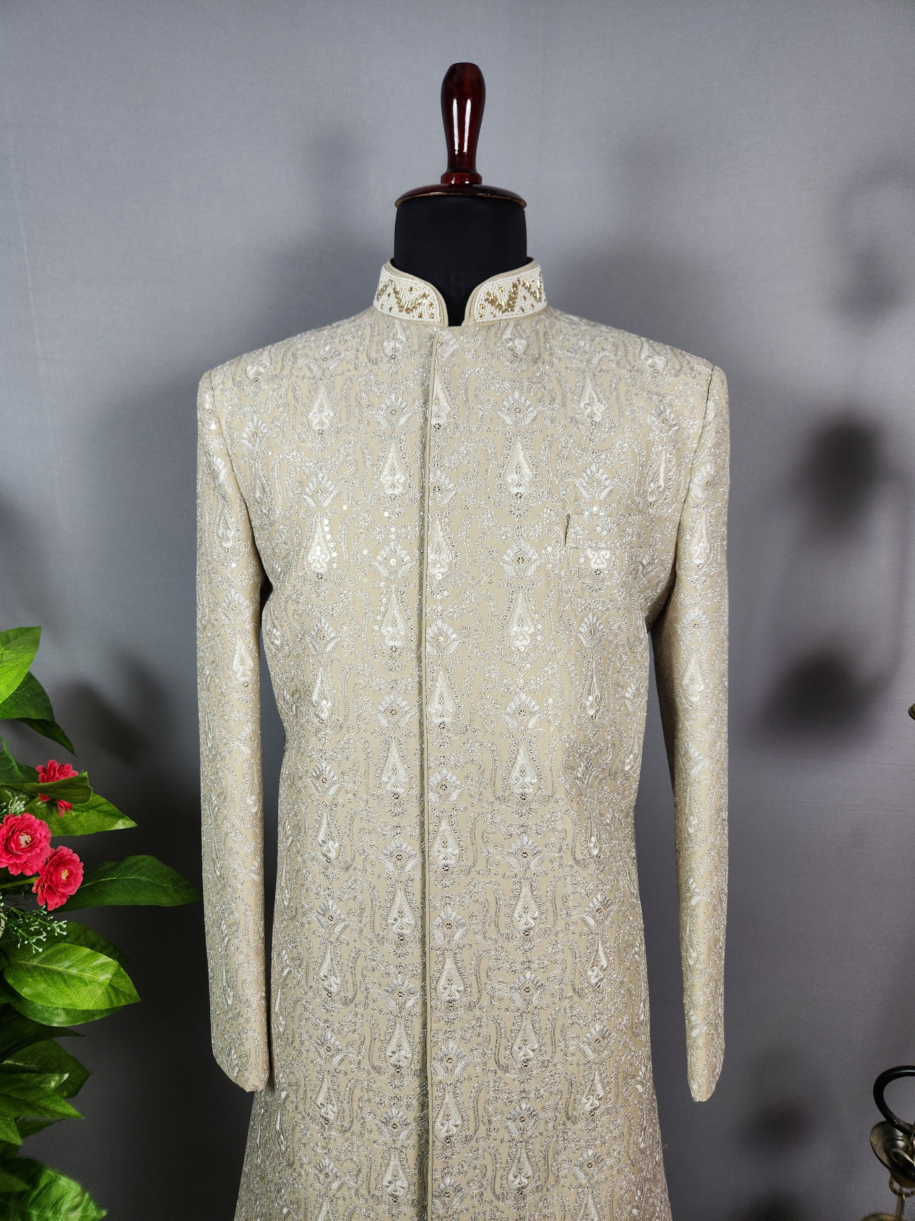 Champagne Beige Wedding Groom Sherwani - Silver Zari Embroidery  | Sherwani For Men