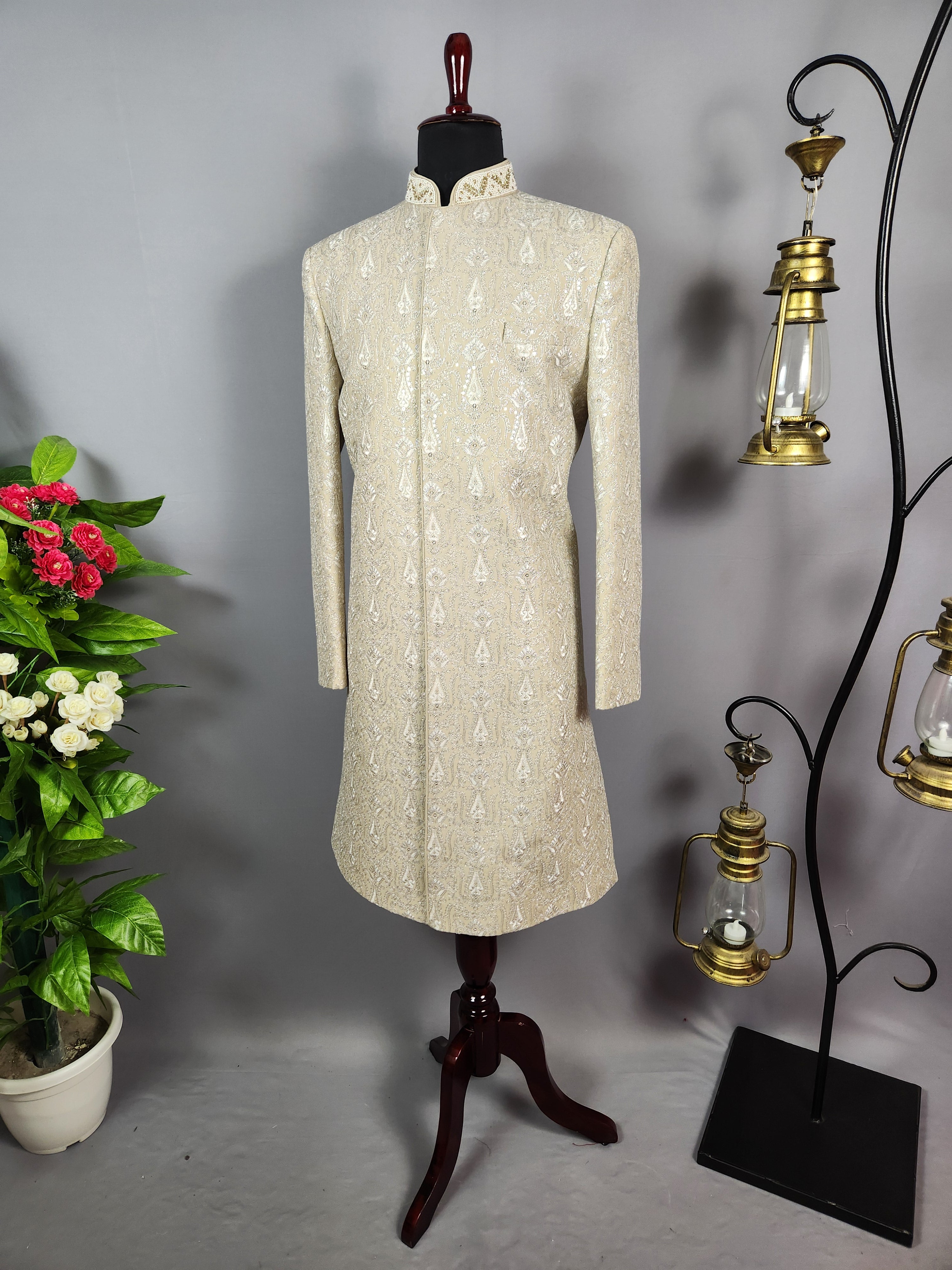 Champagne Beige Wedding Groom Sherwani - Silver Zari Embroidery  | Sherwani For Men