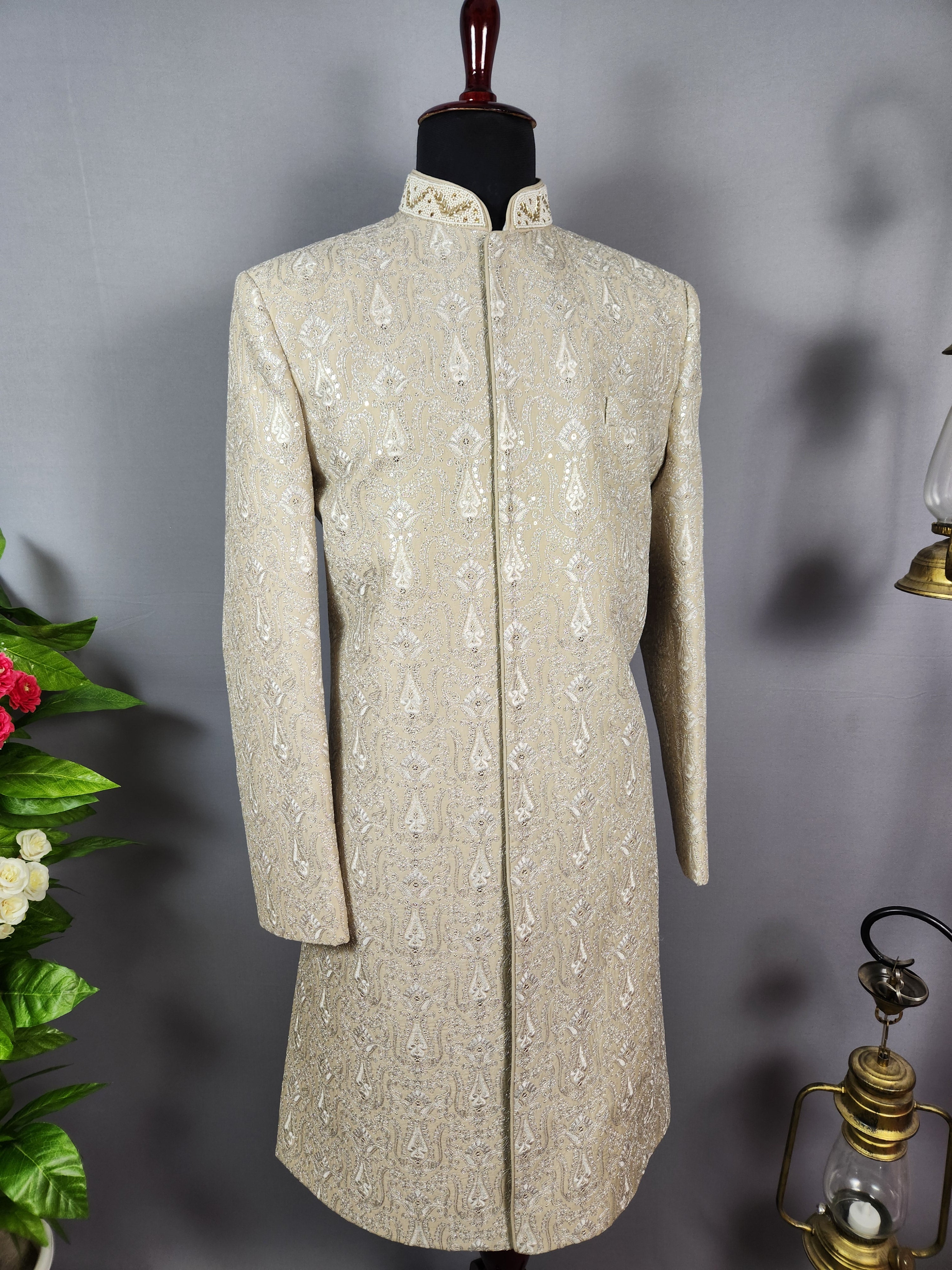 Champagne Beige Wedding Groom Sherwani - Silver Zari Embroidery  | Sherwani For Men