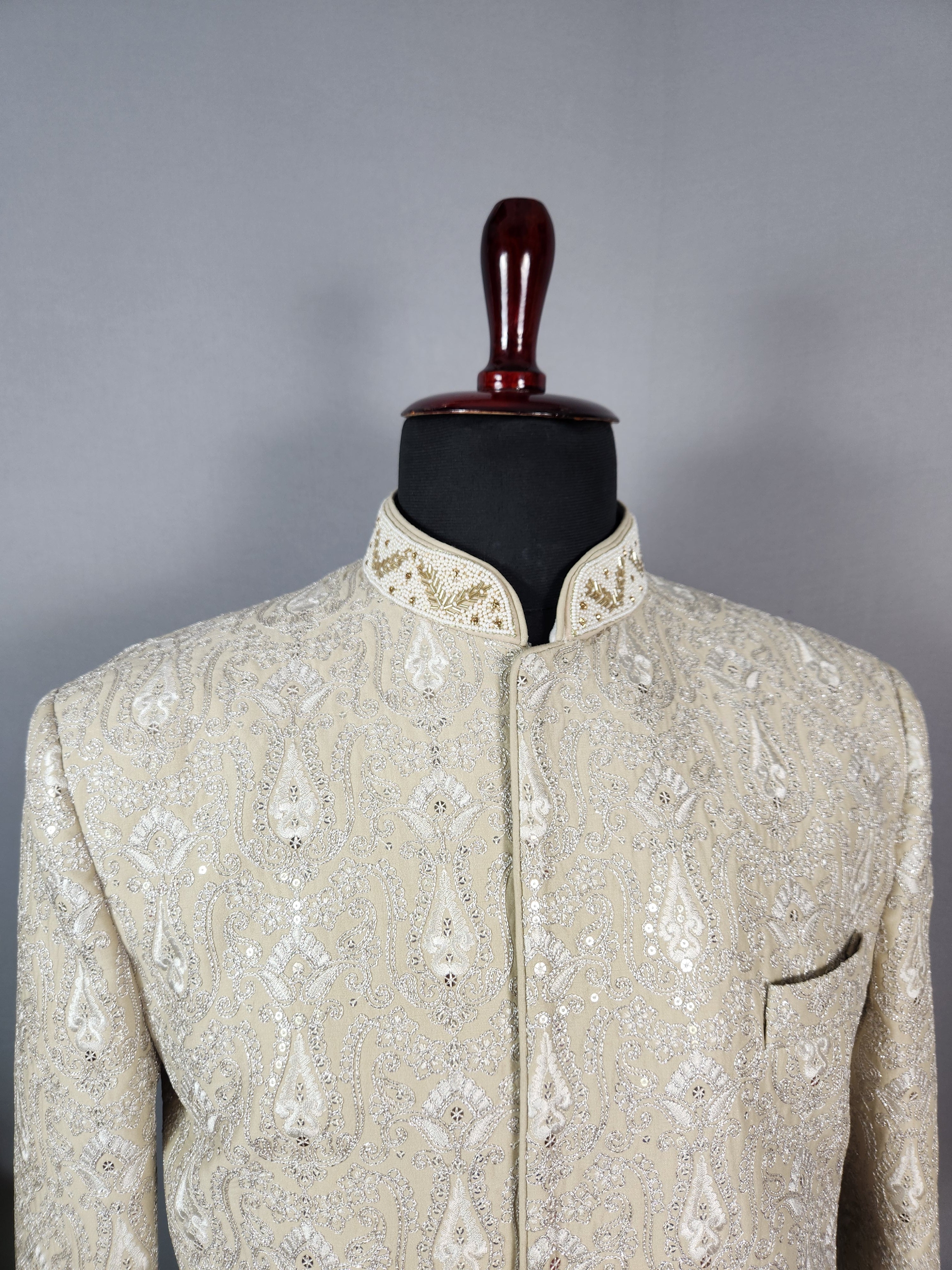 Champagne Beige Wedding Groom Sherwani - Silver Zari Embroidery  | Sherwani For Men