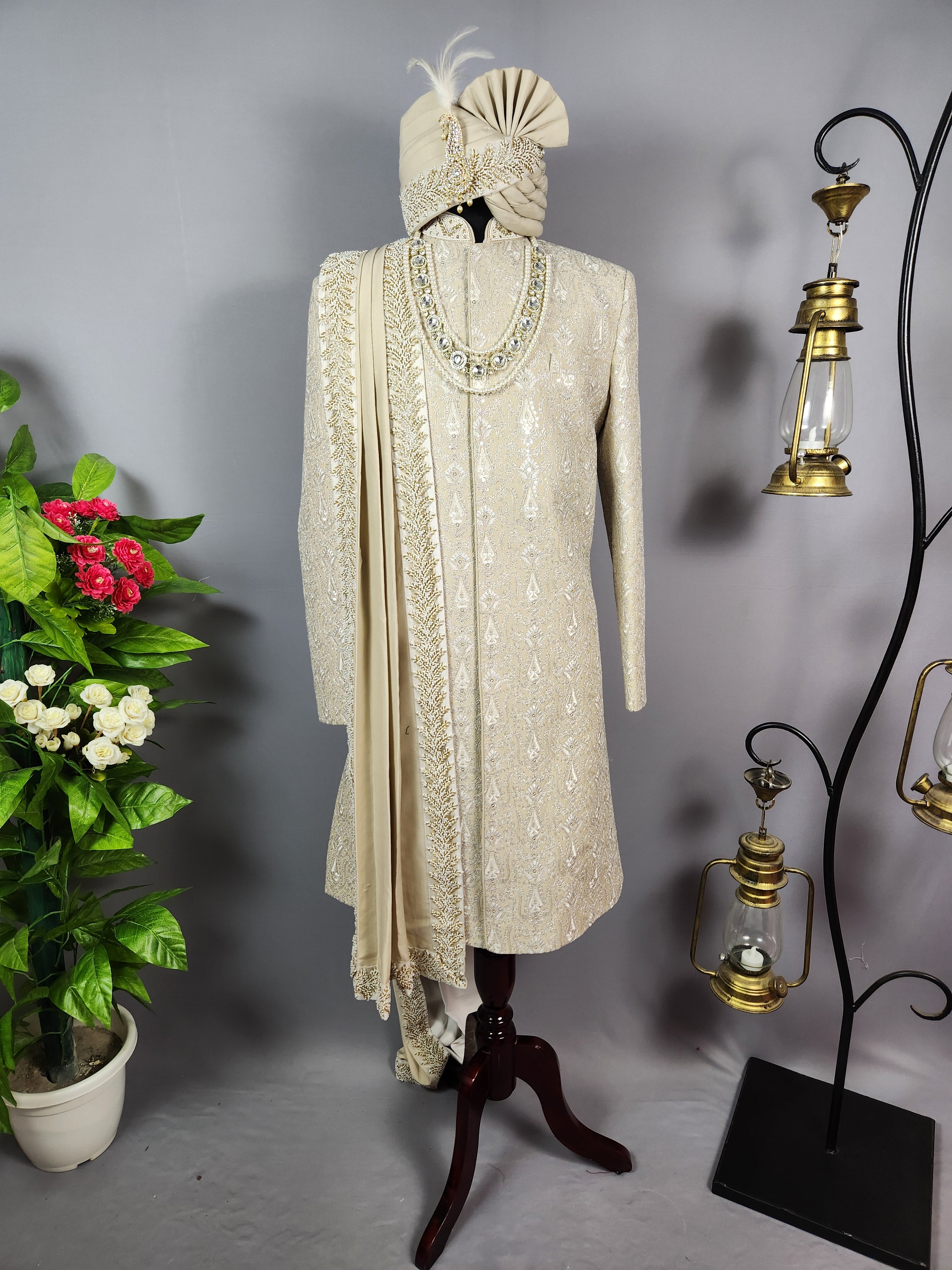 Champagne Beige Wedding Groom Sherwani - Silver Zari Embroidery  | Sherwani For Men