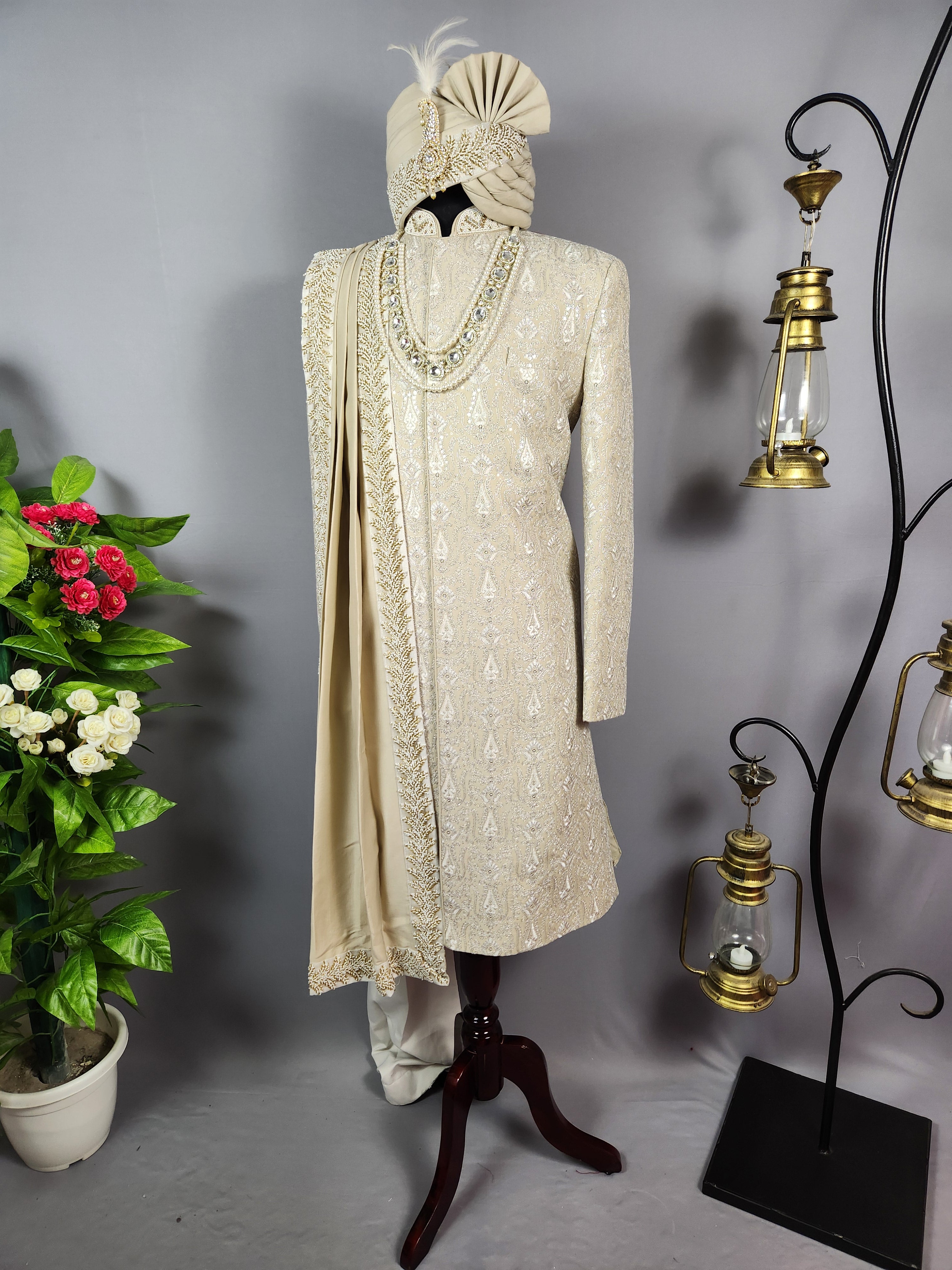 Champagne Beige Wedding Groom Sherwani - Silver Zari Embroidery  | Sherwani For Men