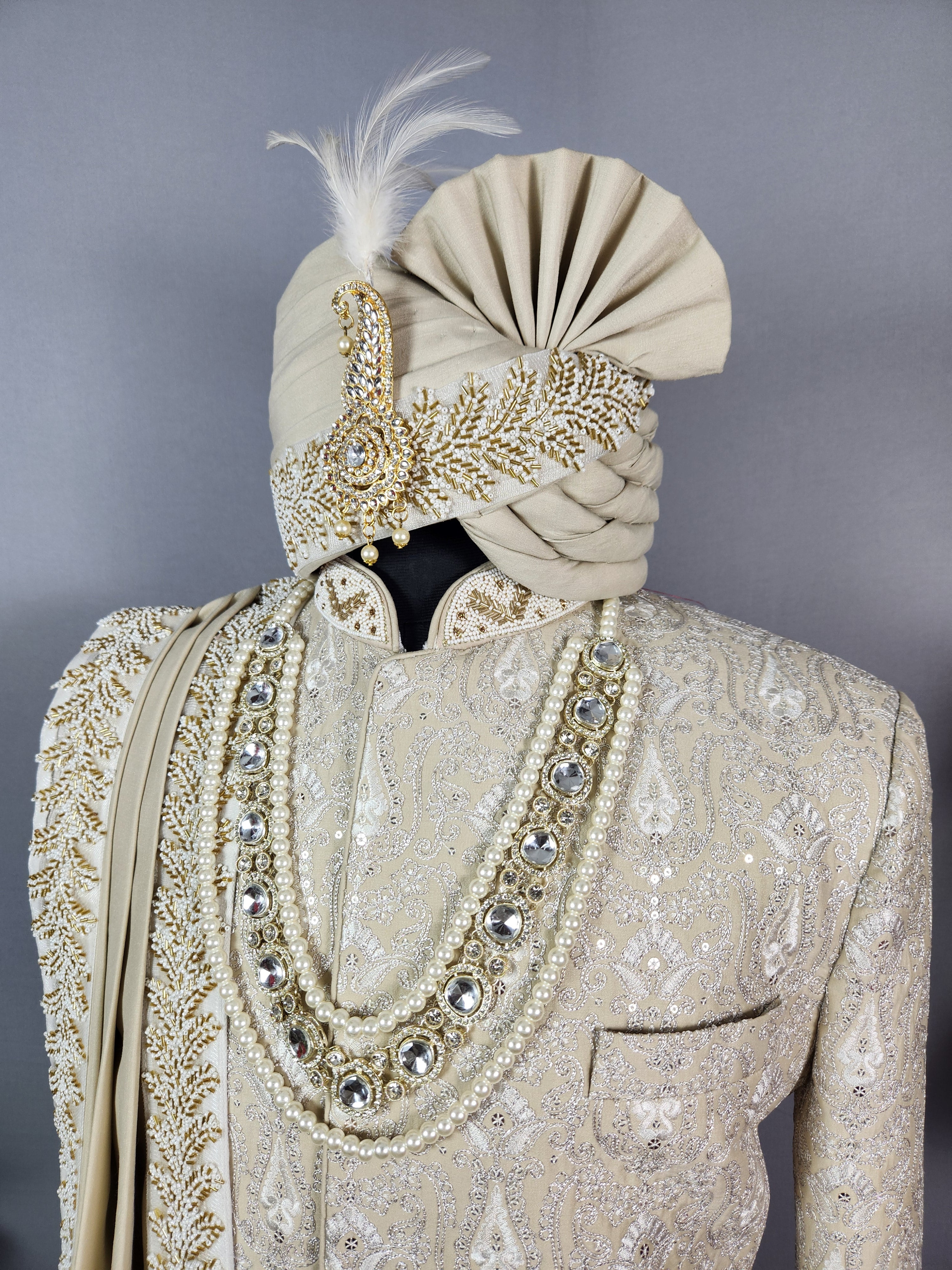 Champagne Beige Wedding Groom Sherwani - Silver Zari Embroidery  | Sherwani For Men