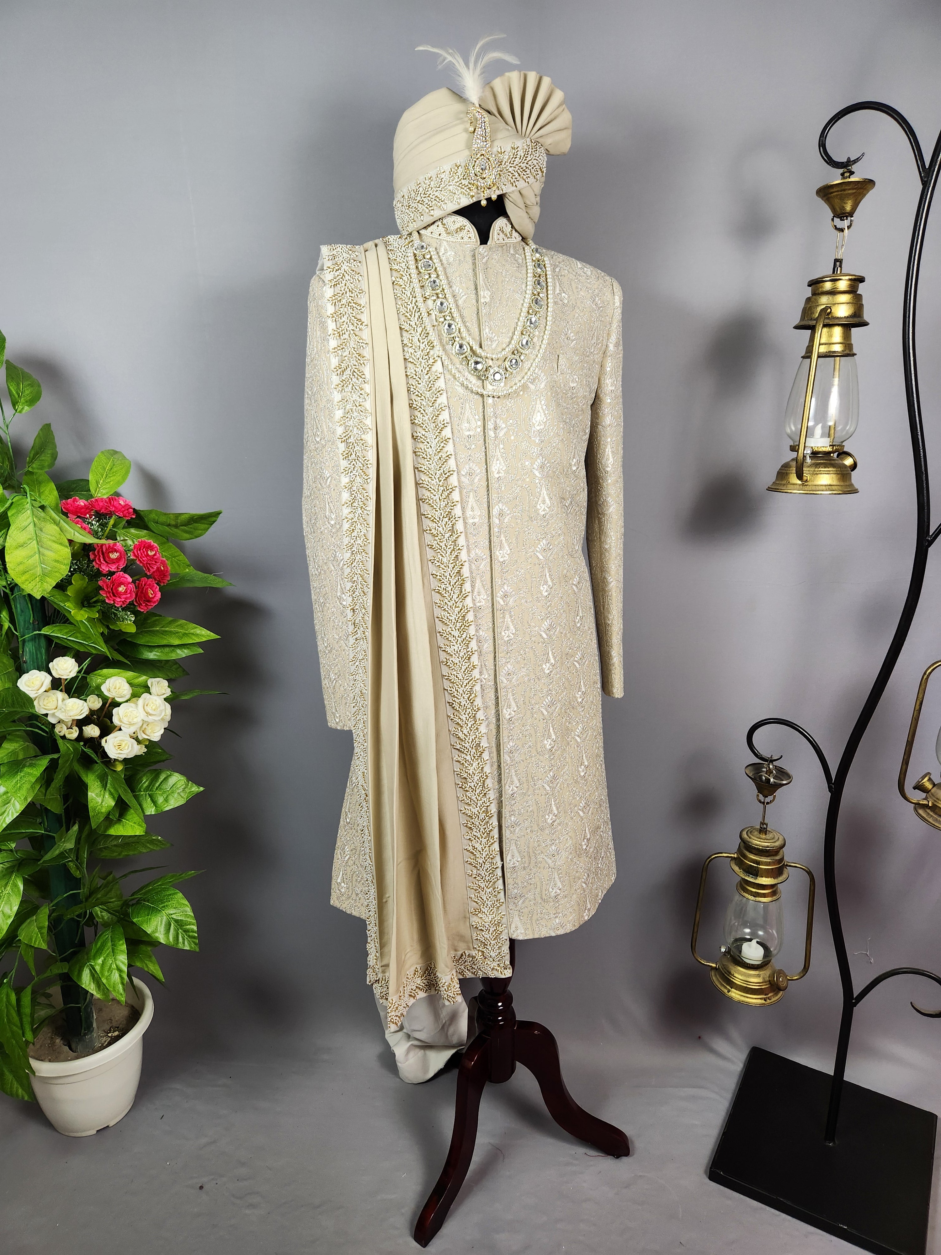 Champagne Beige Wedding Groom Sherwani - Silver Zari Embroidery  | Sherwani For Men