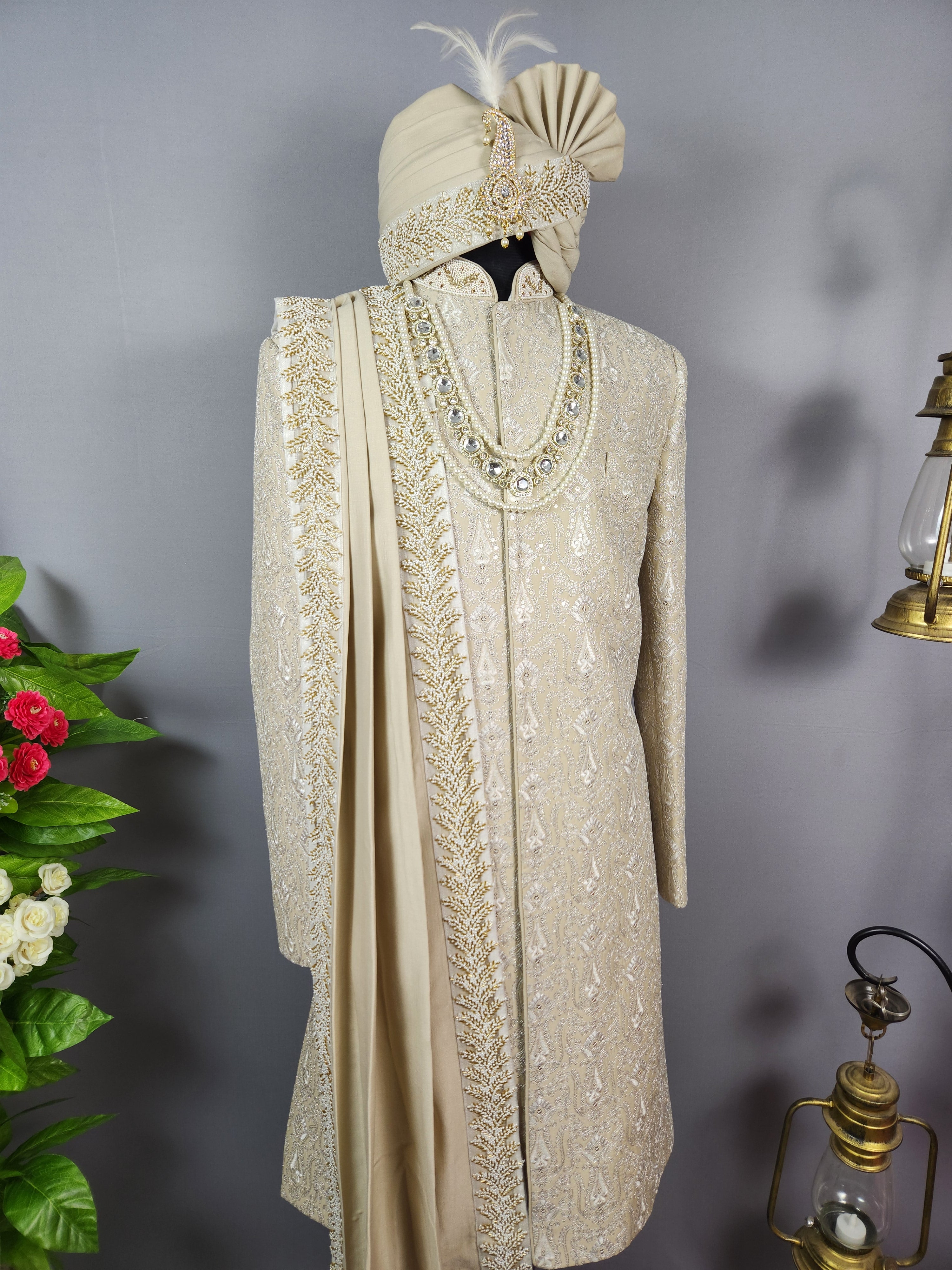 Champagne Beige Wedding Groom Sherwani - Silver Zari Embroidery  | Sherwani For Men