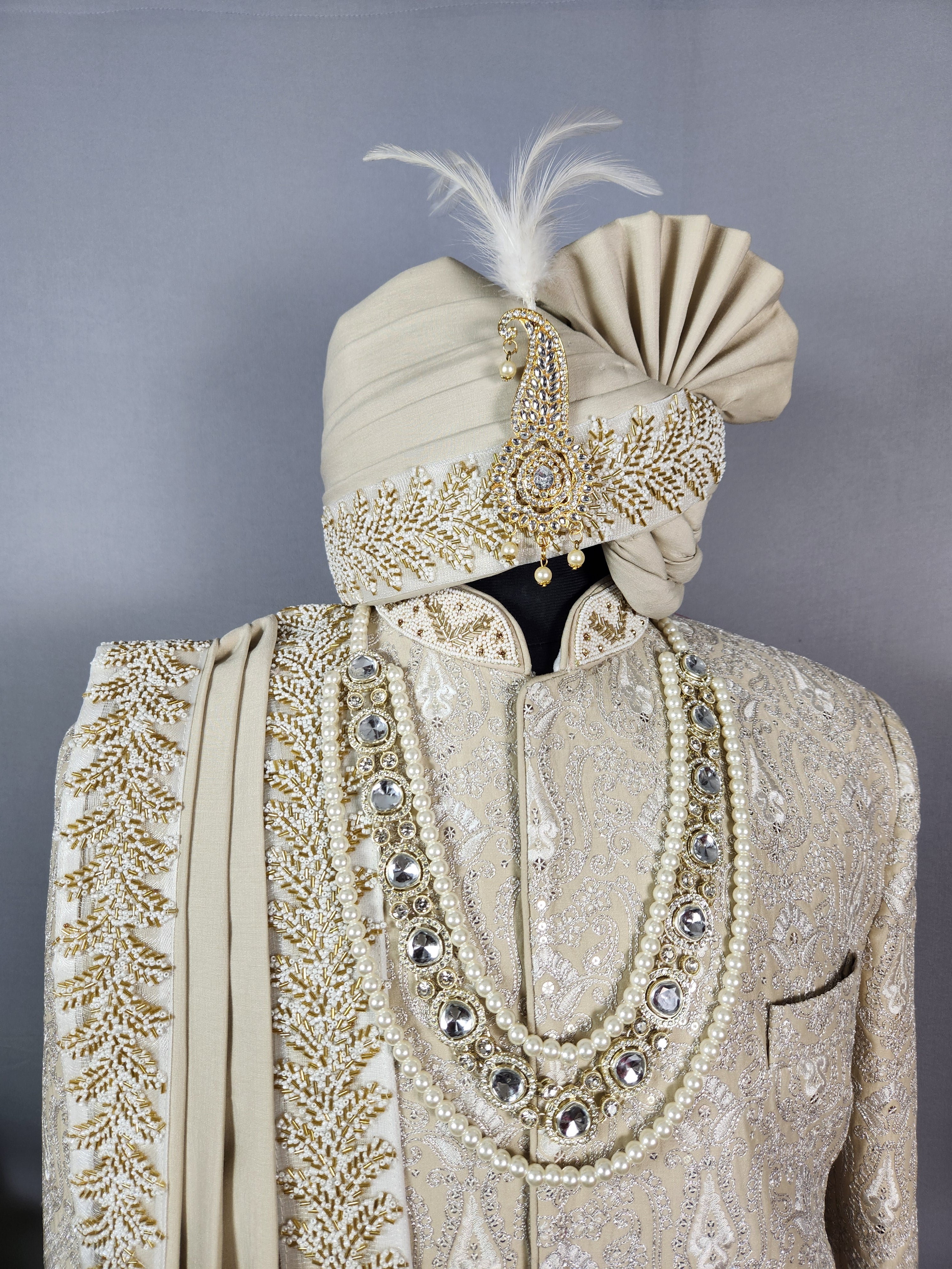 Champagne Beige Wedding Groom Sherwani - Silver Zari Embroidery  | Sherwani For Men
