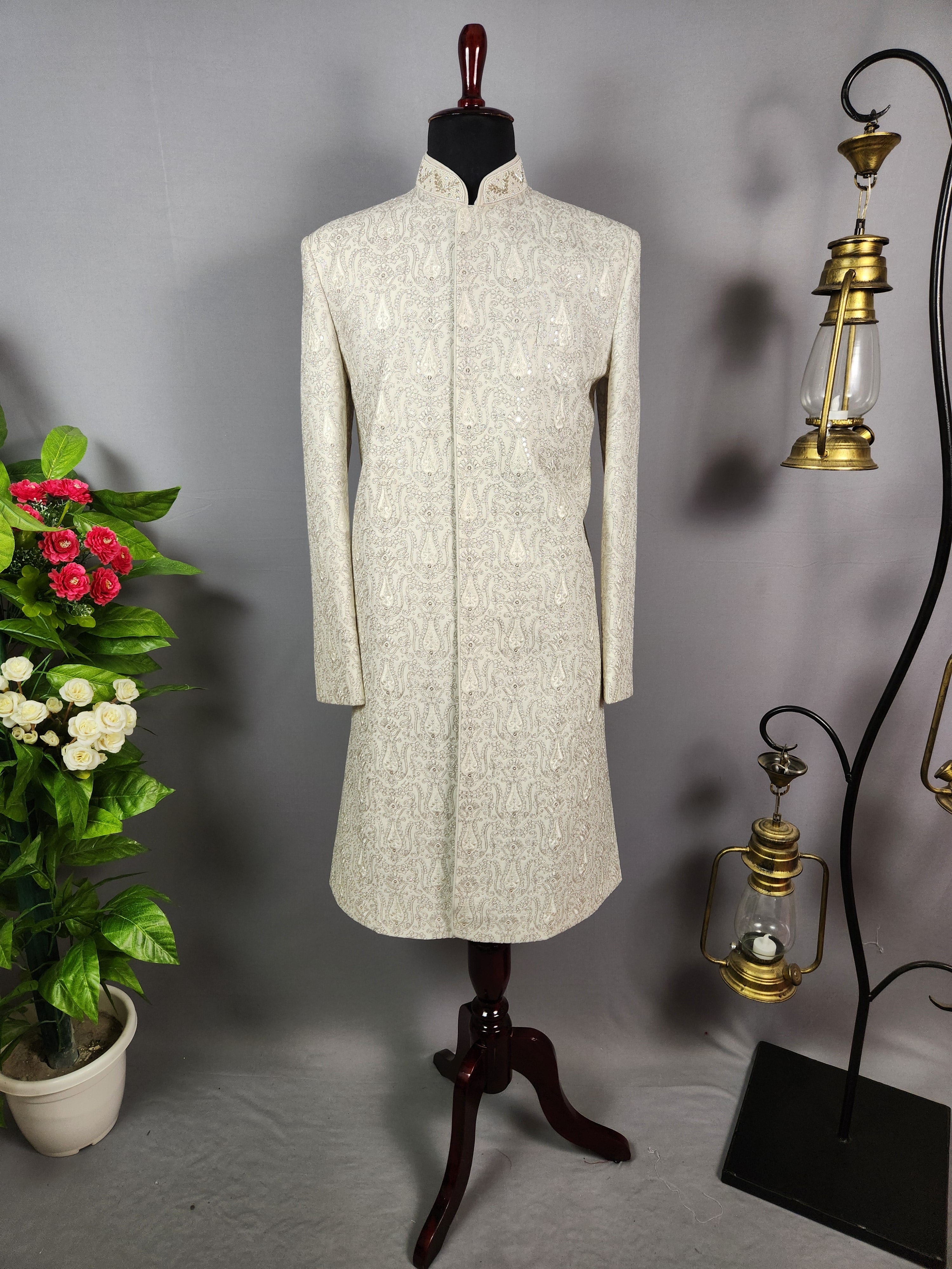 Ivory White Wedding Groom Sherwani - Silver Zari Work | Sherwani For Men