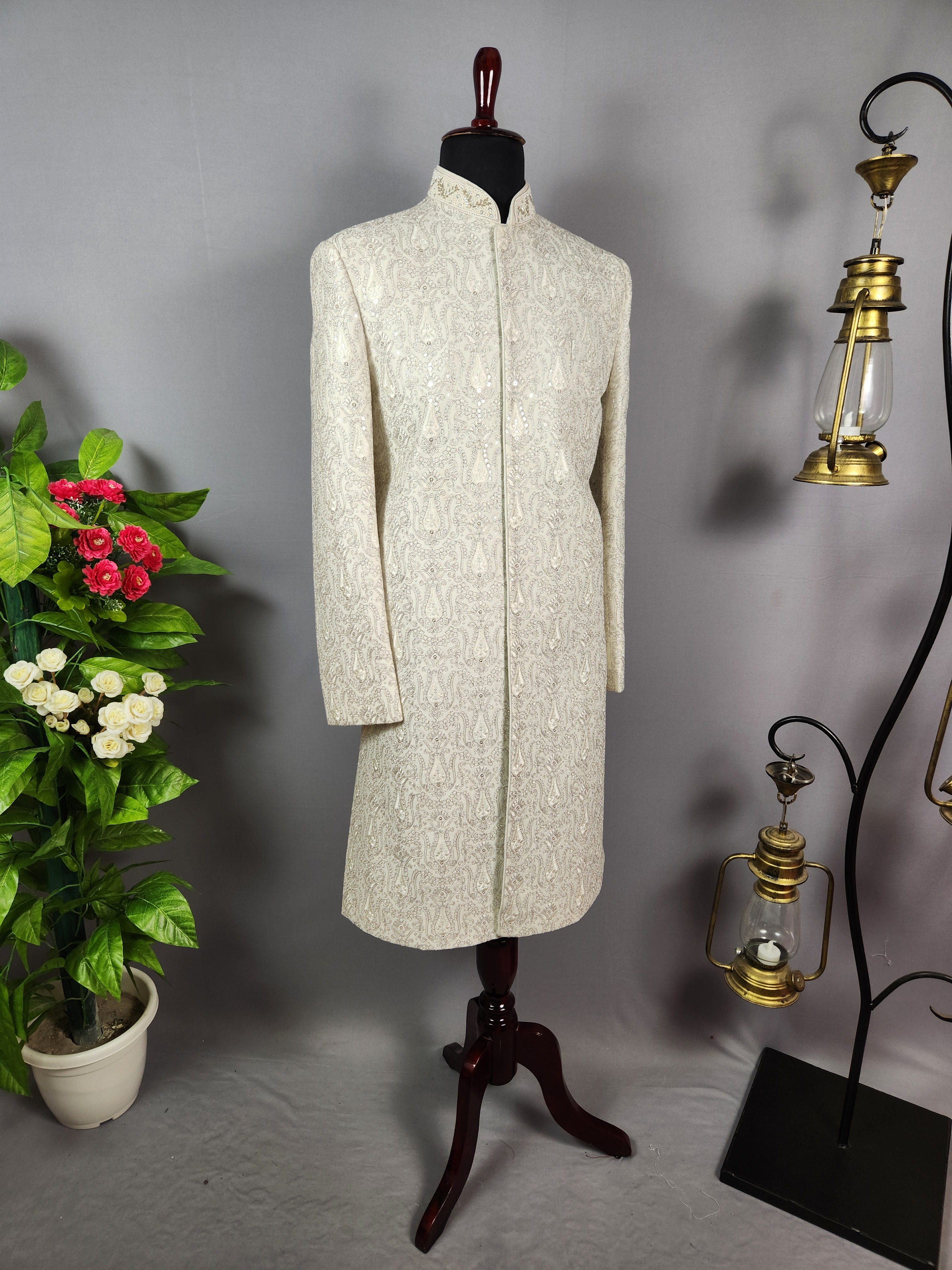 Ivory White Wedding Groom Sherwani - Silver Zari Work | Sherwani For Men