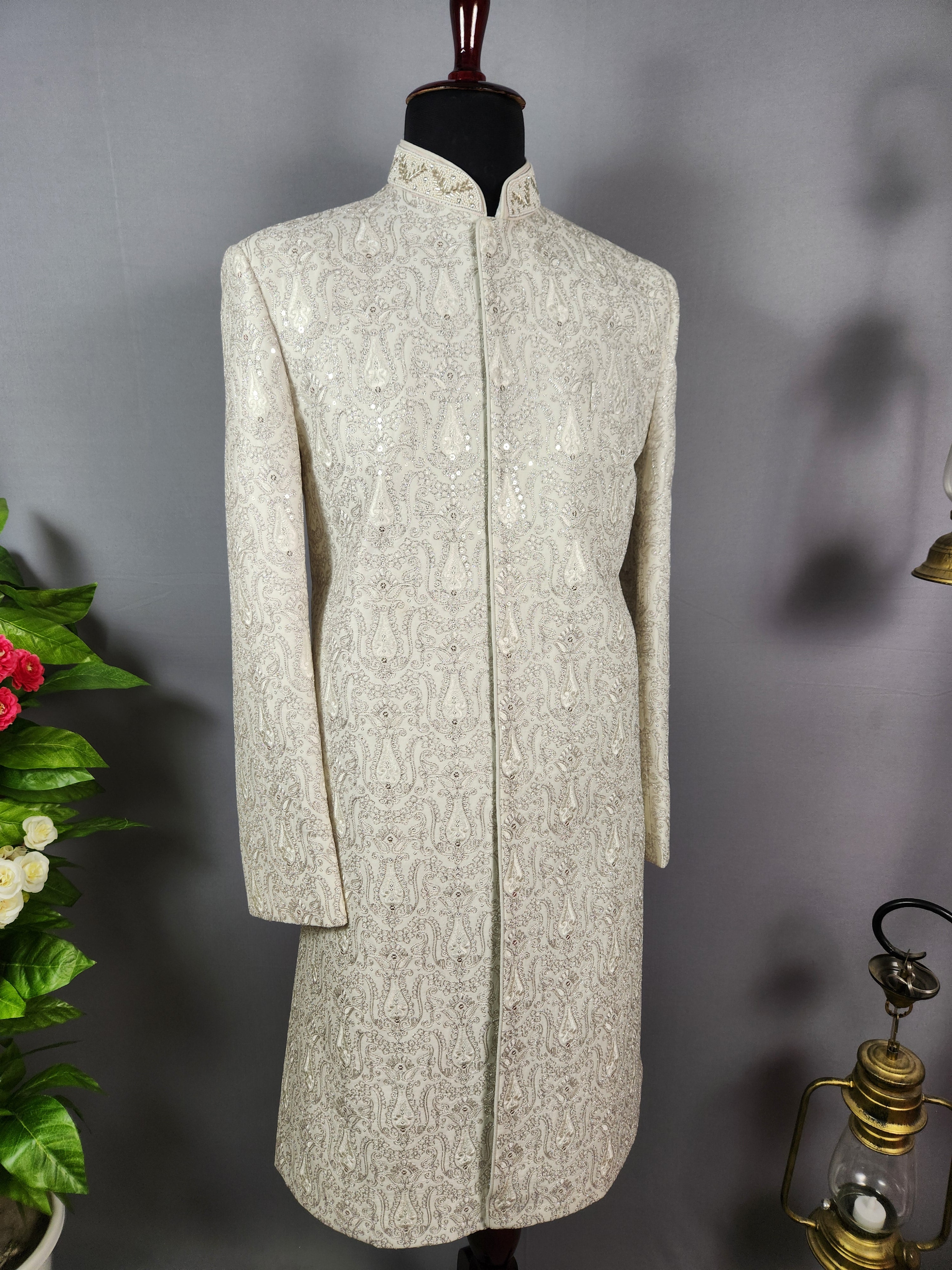 Ivory White Wedding Groom Sherwani - Silver Zari Work | Sherwani For Men