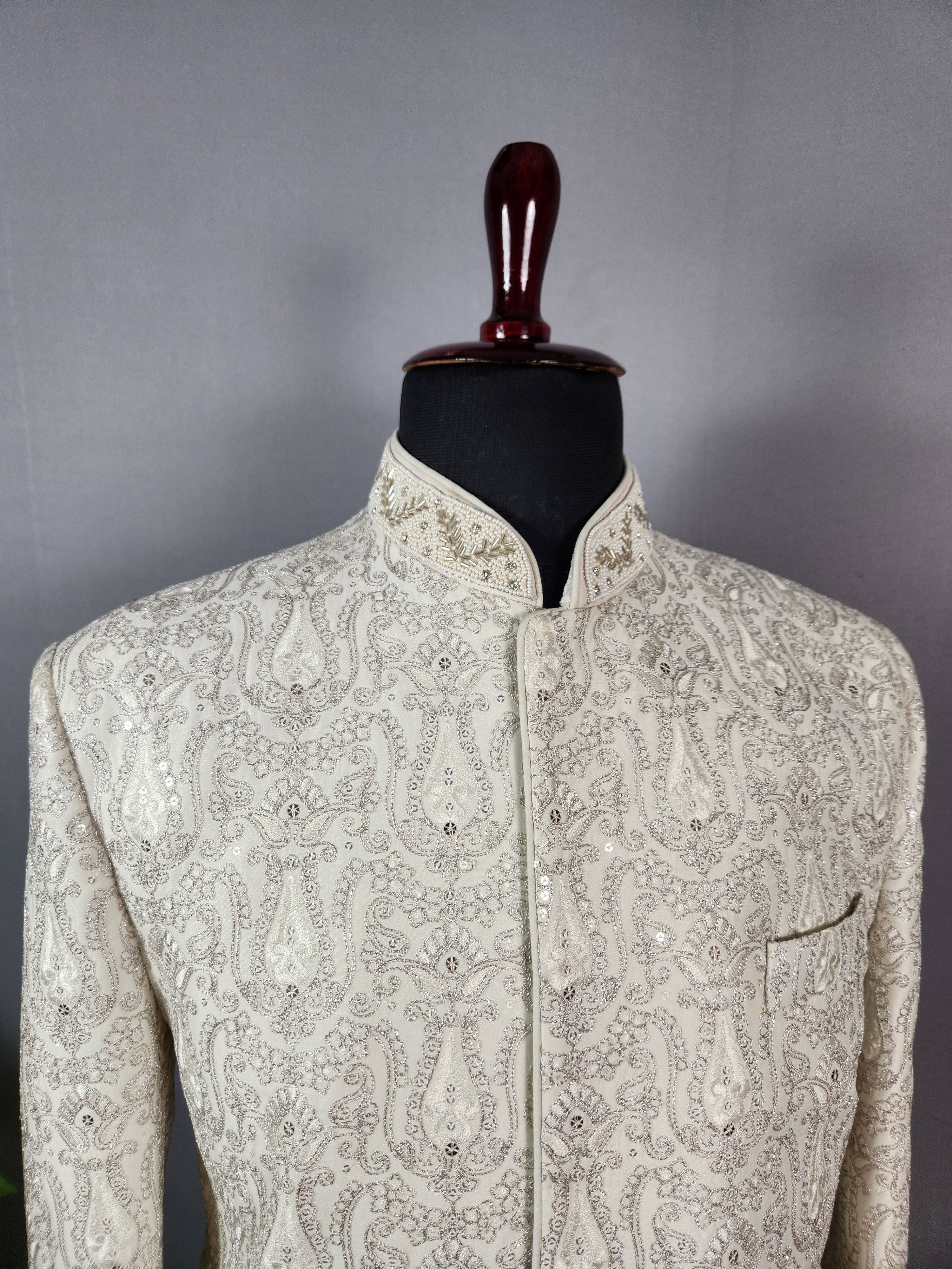 Ivory White Wedding Groom Sherwani - Silver Zari Work | Sherwani For Men