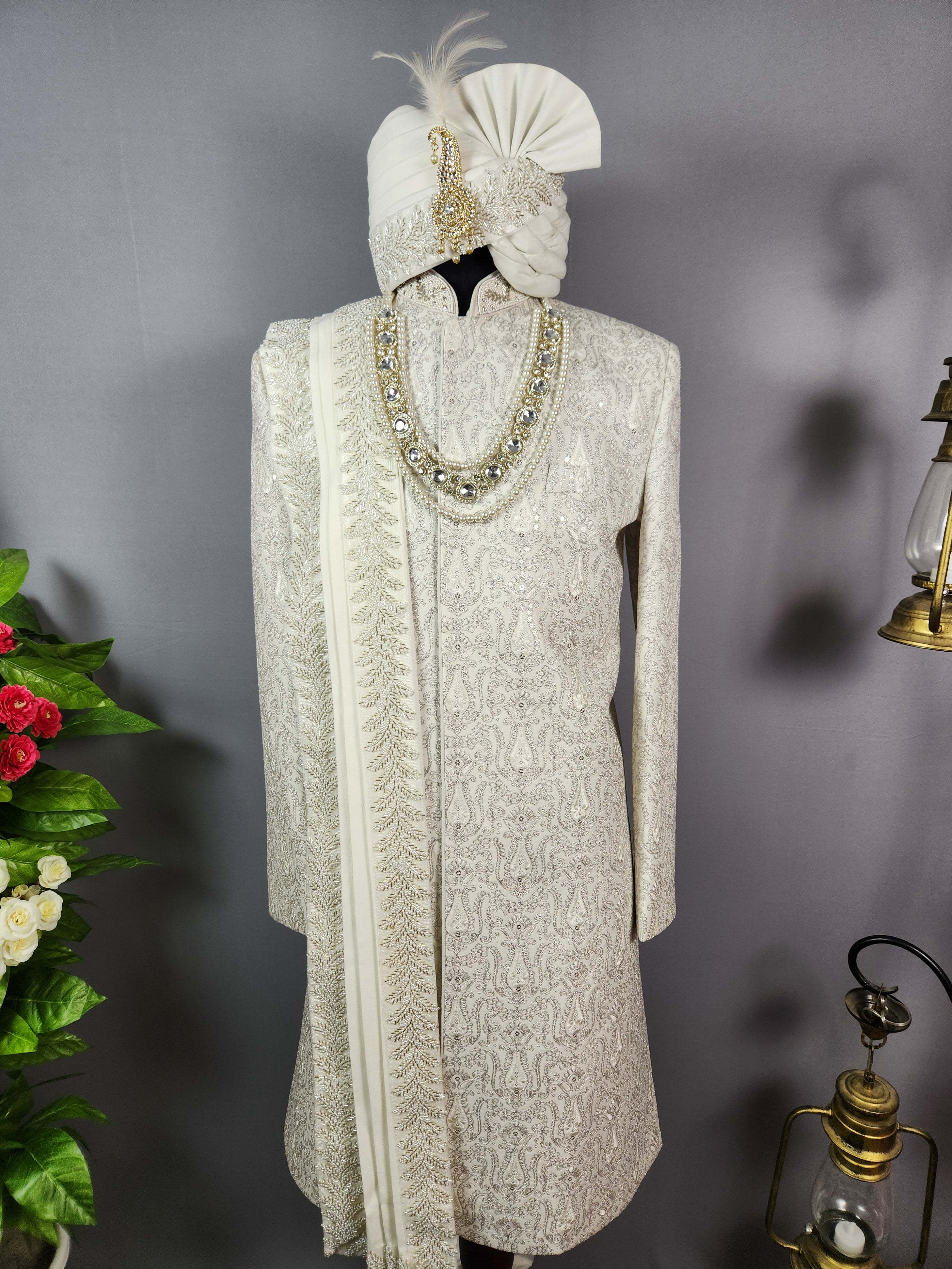 Ivory White Wedding Groom Sherwani - Silver Zari Work | Sherwani For Men
