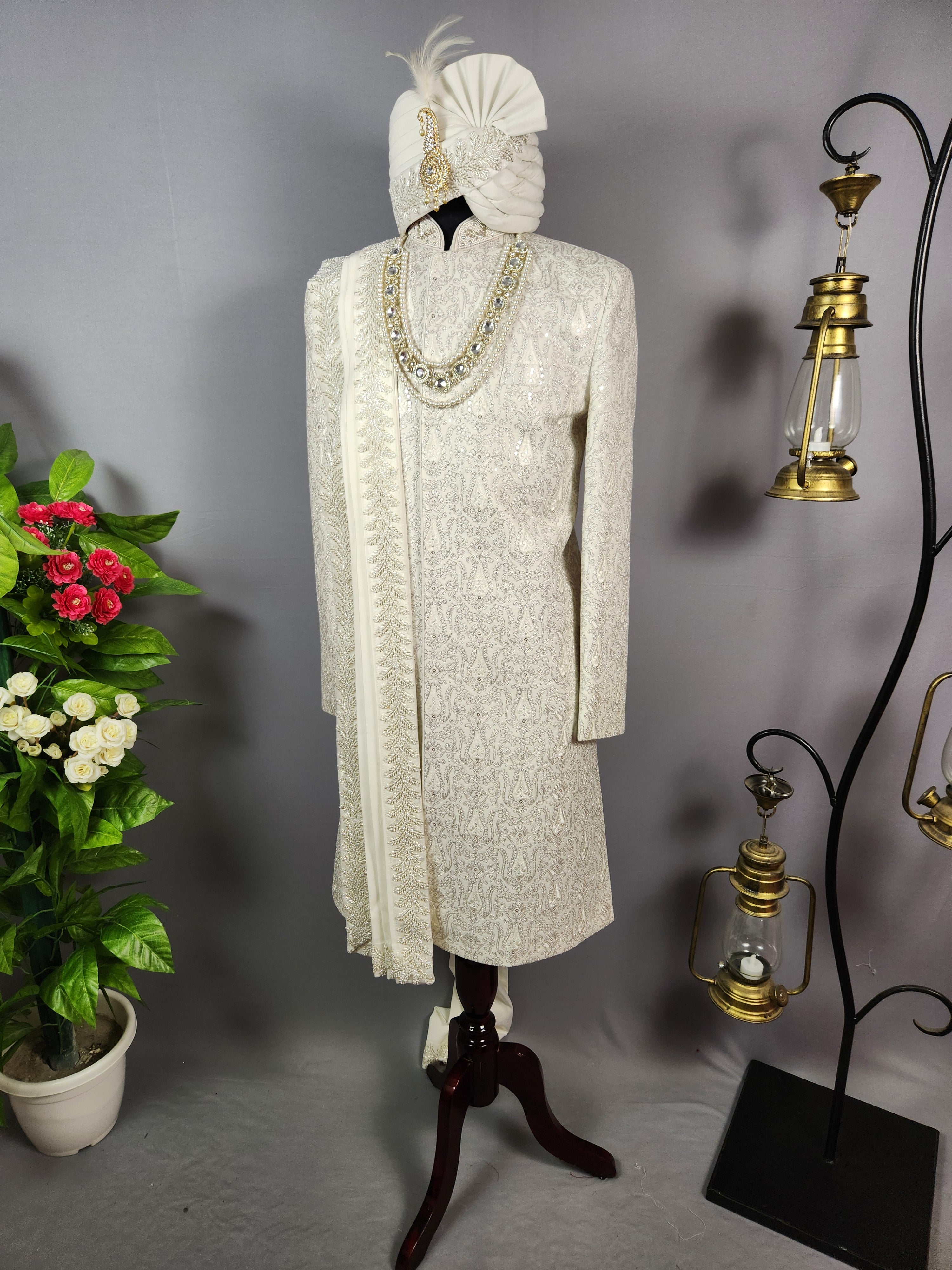 Ivory White Wedding Groom Sherwani - Silver Zari Work | Sherwani For Men