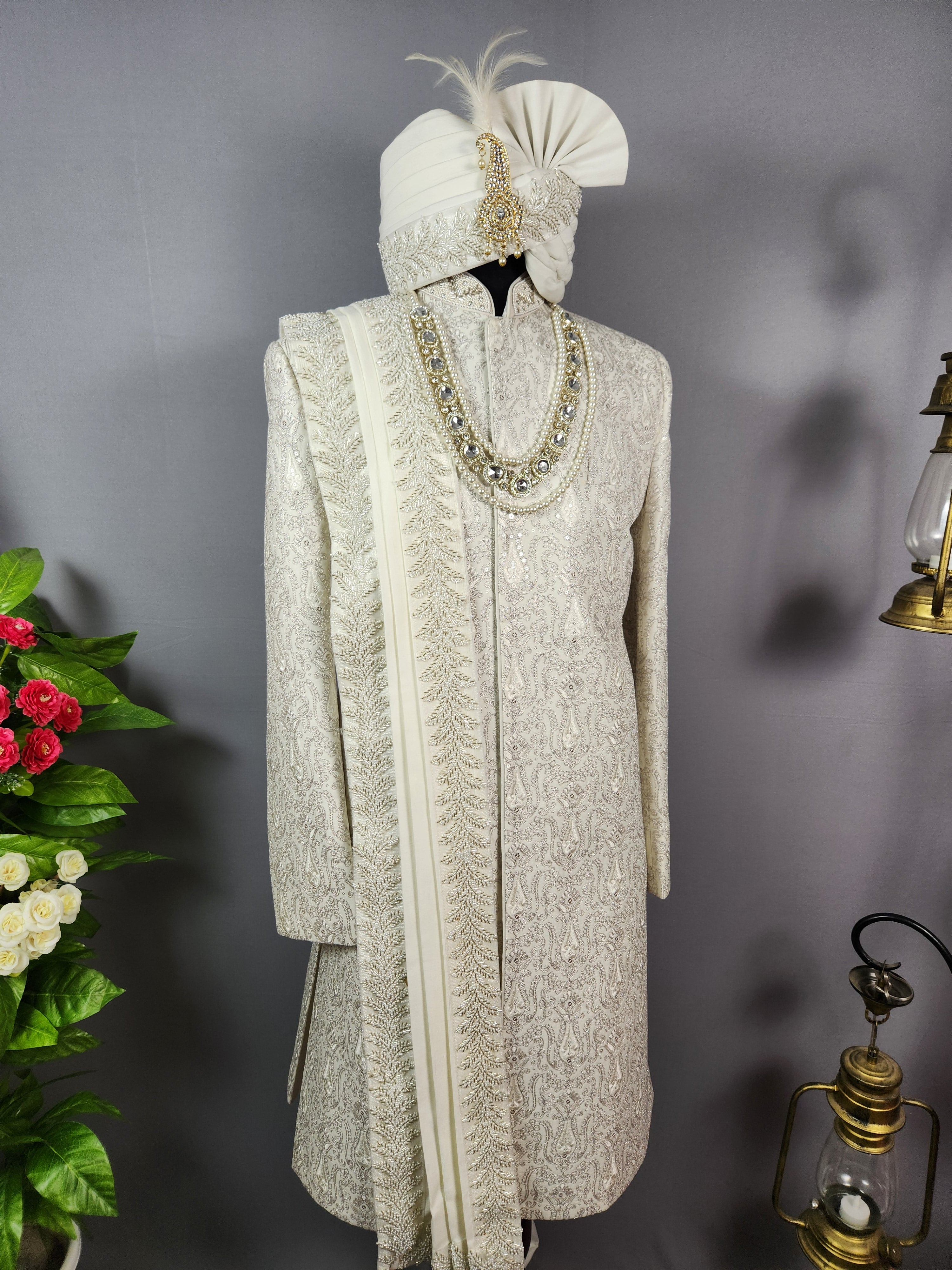 Ivory White Wedding Groom Sherwani - Silver Zari Work | Sherwani For Men