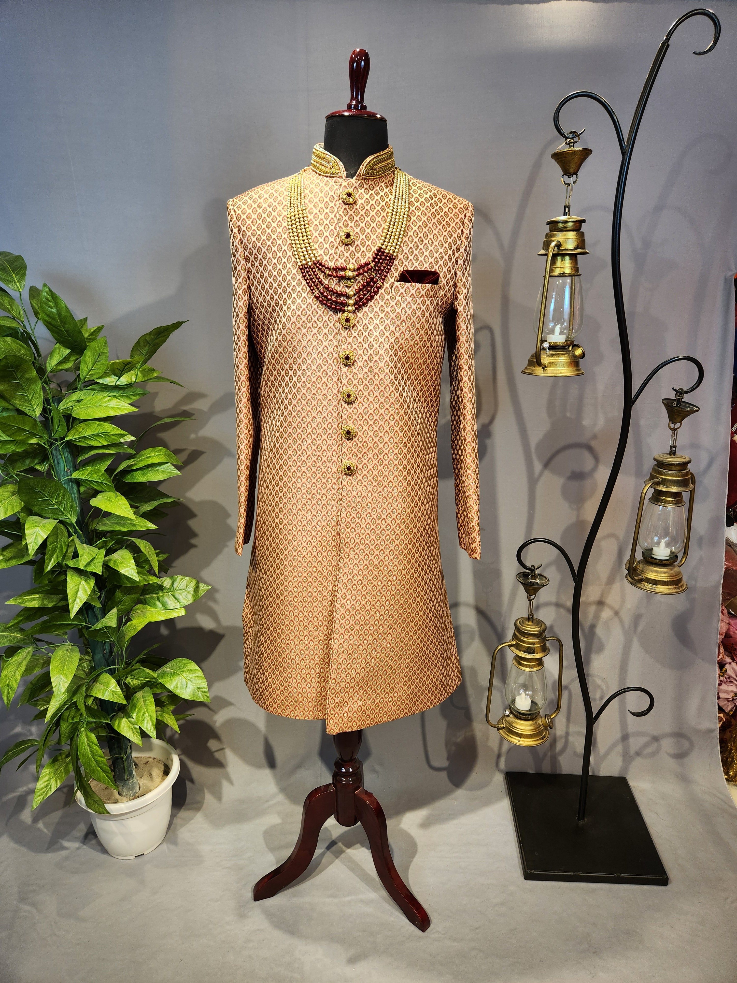 Copper Golden Wedding Groom Sherwani - Red Accent | Sherwani For Men