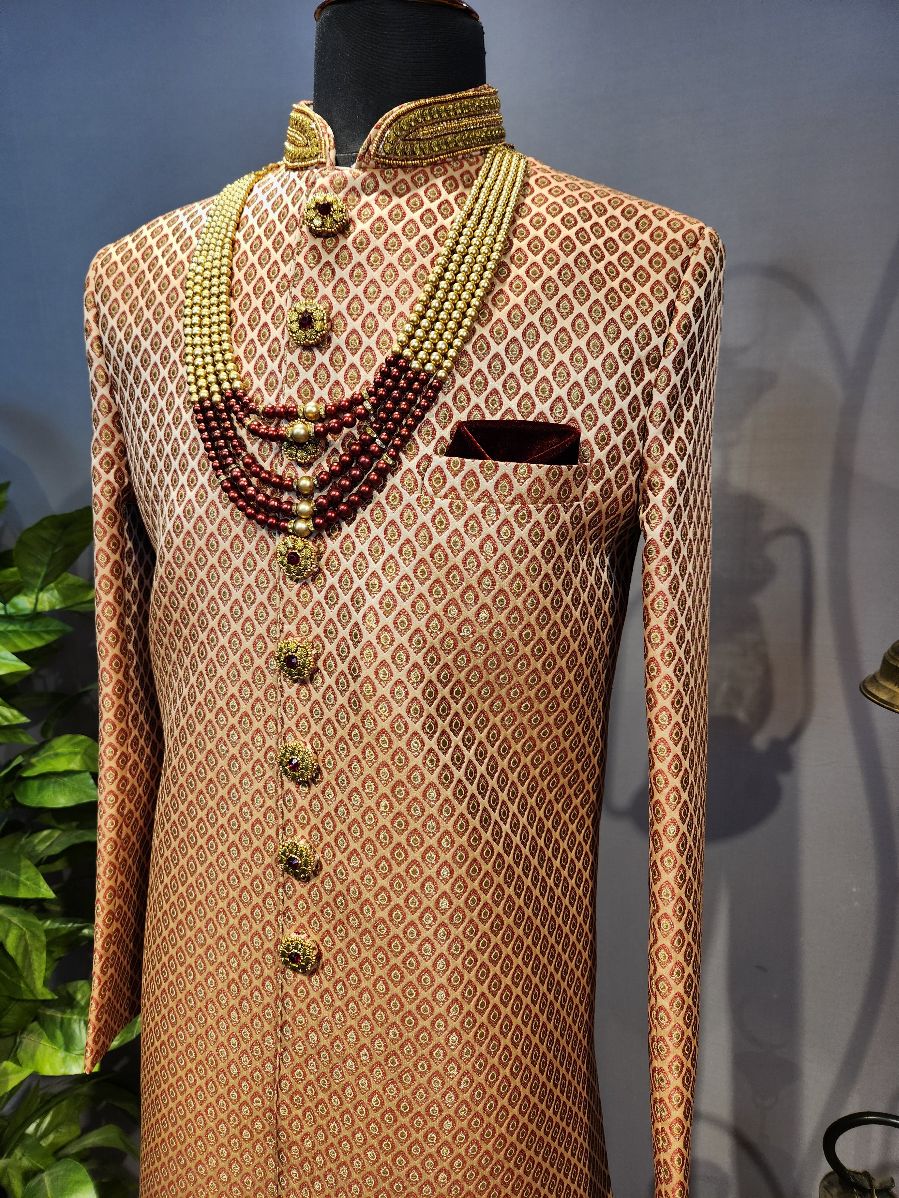 Copper Golden Wedding Groom Sherwani - Red Accent | Sherwani For Men