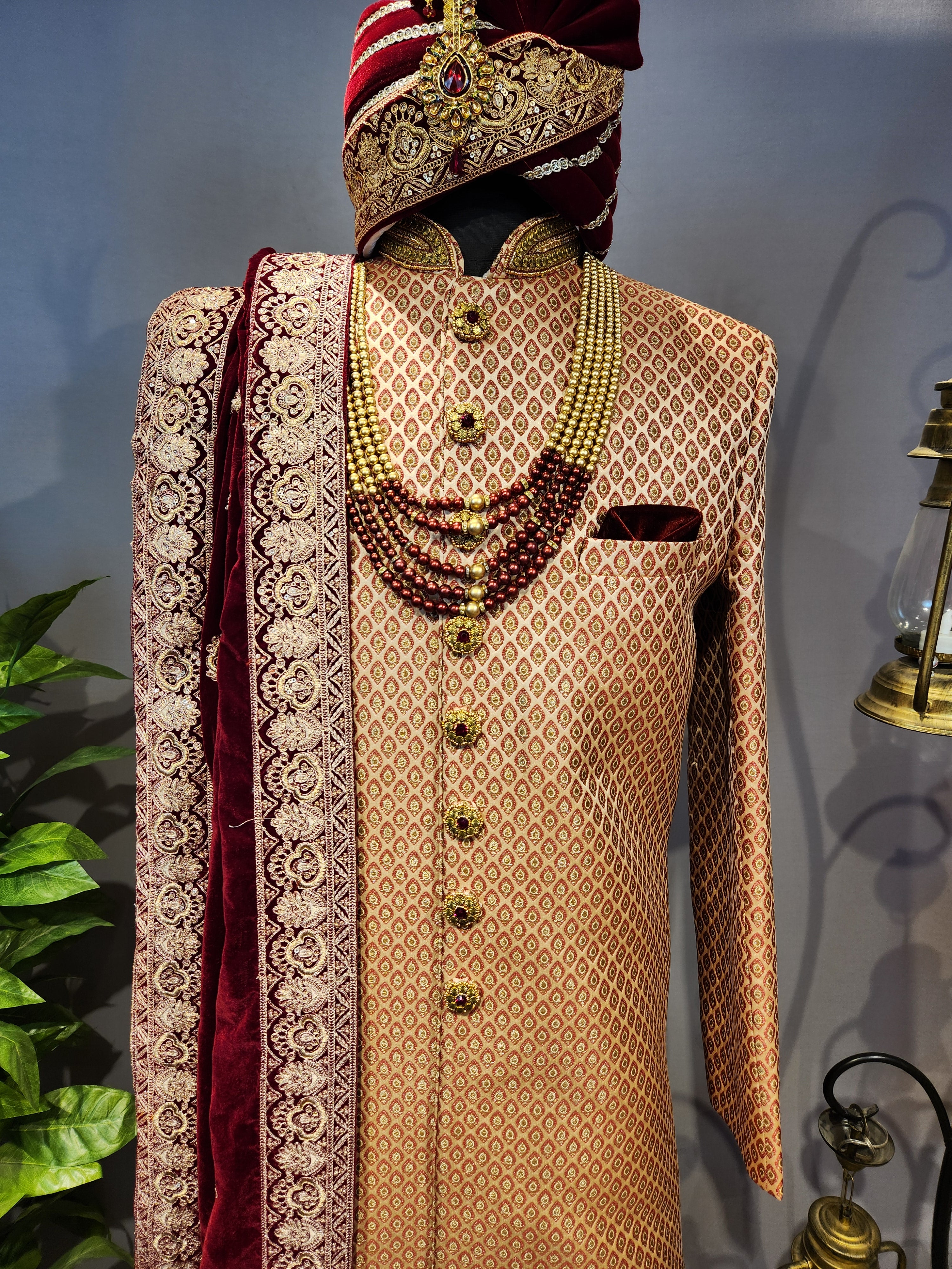 Copper Golden Wedding Groom Sherwani - Red Accent | Sherwani For Men