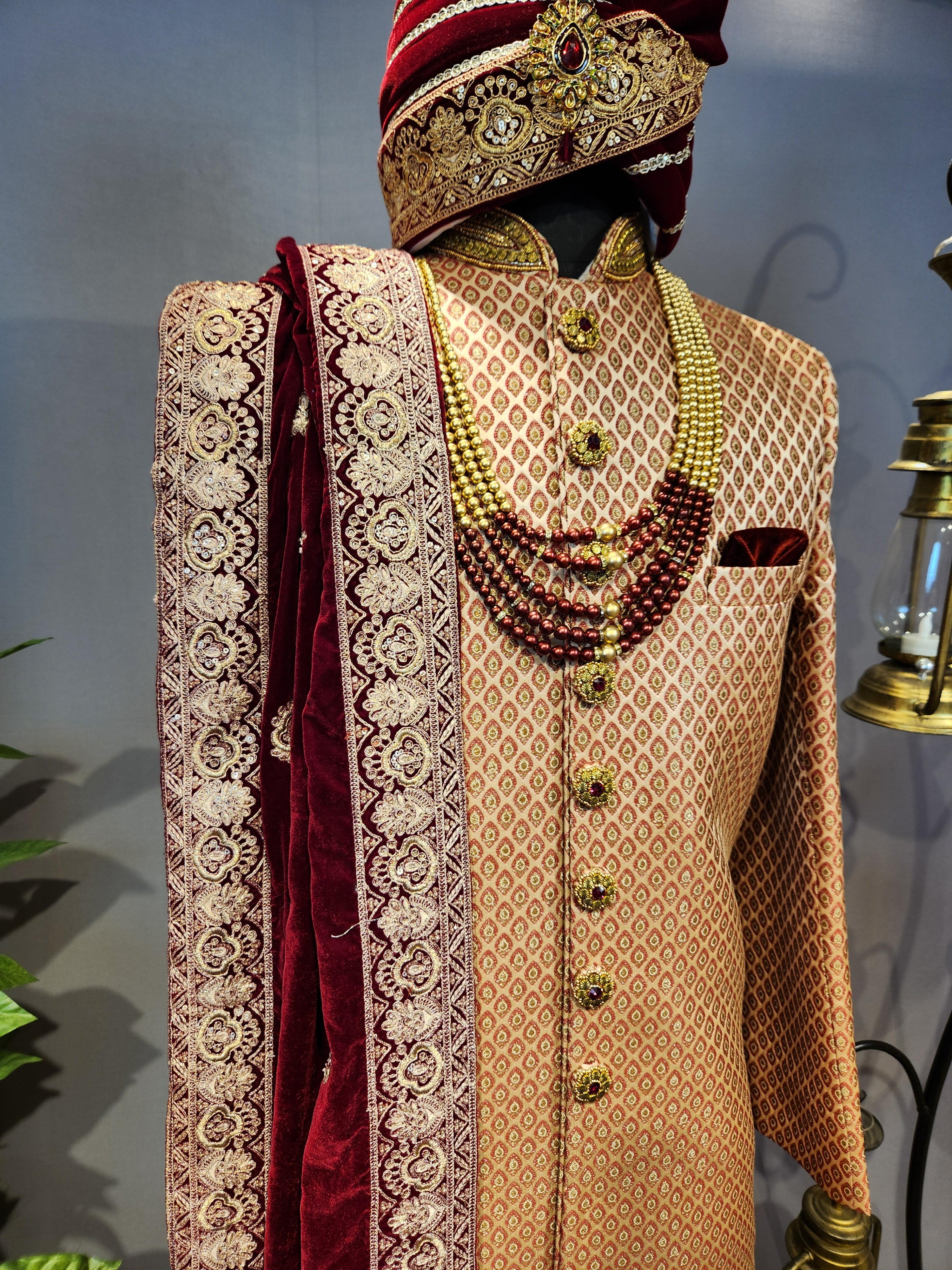 Copper Golden Wedding Groom Sherwani - Red Accent | Sherwani For Men