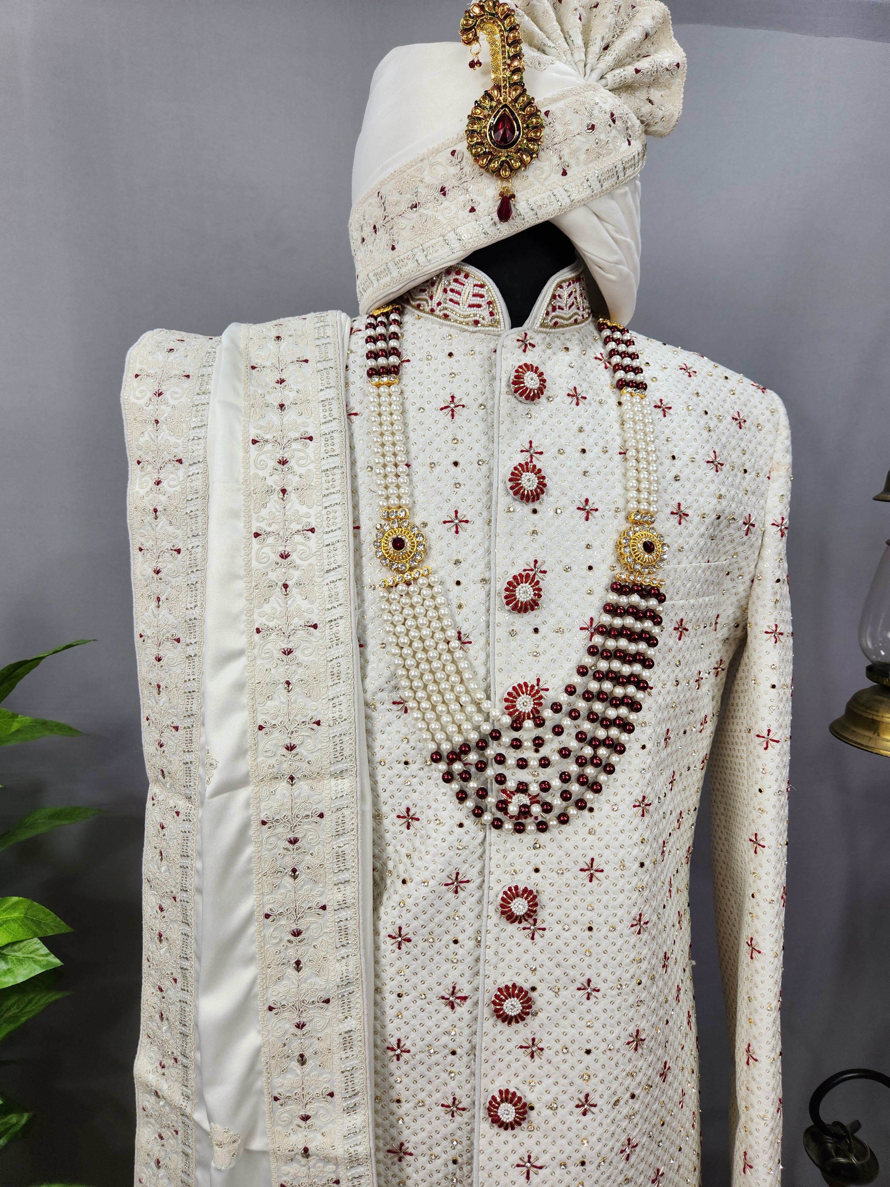 White Wedding Groom Sherwani - Beads, Cutdana Work | Sherwani For Men