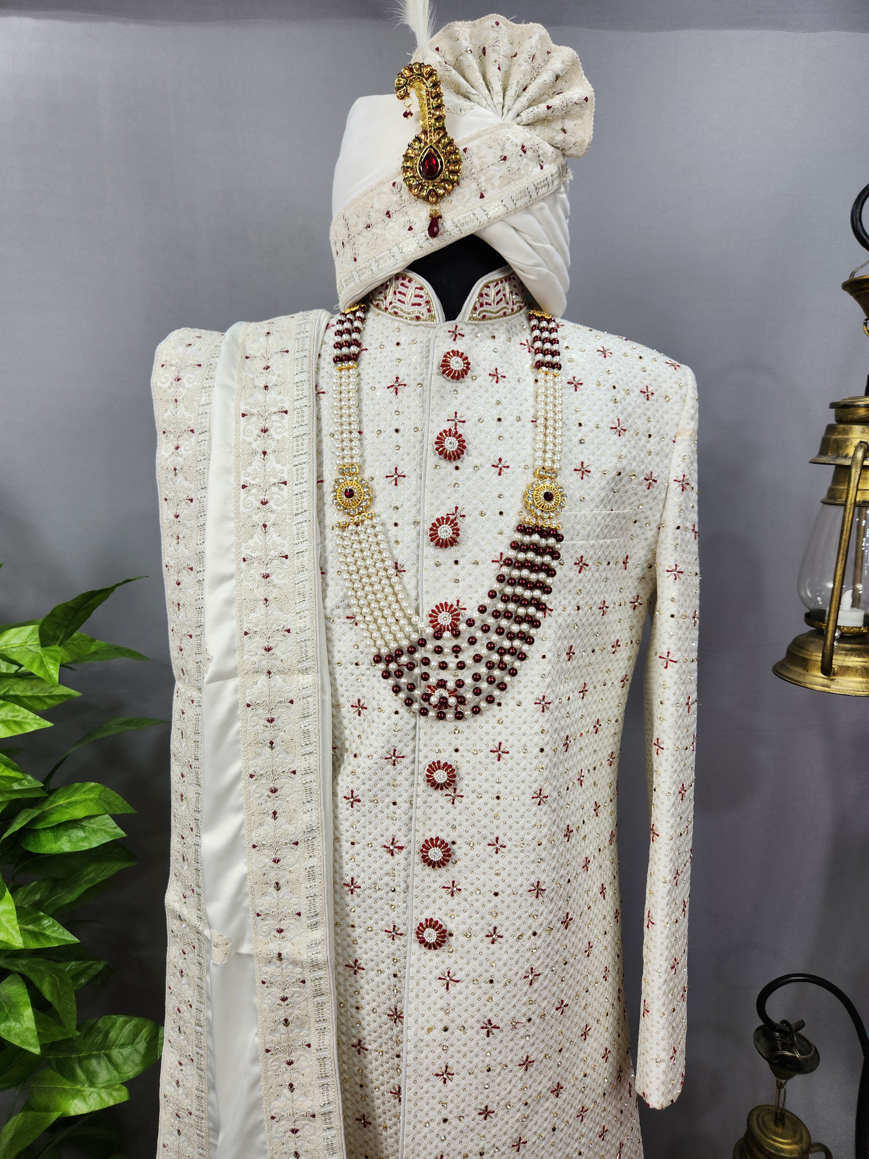 White Wedding Groom Sherwani - Beads, Cutdana Work | Sherwani For Men