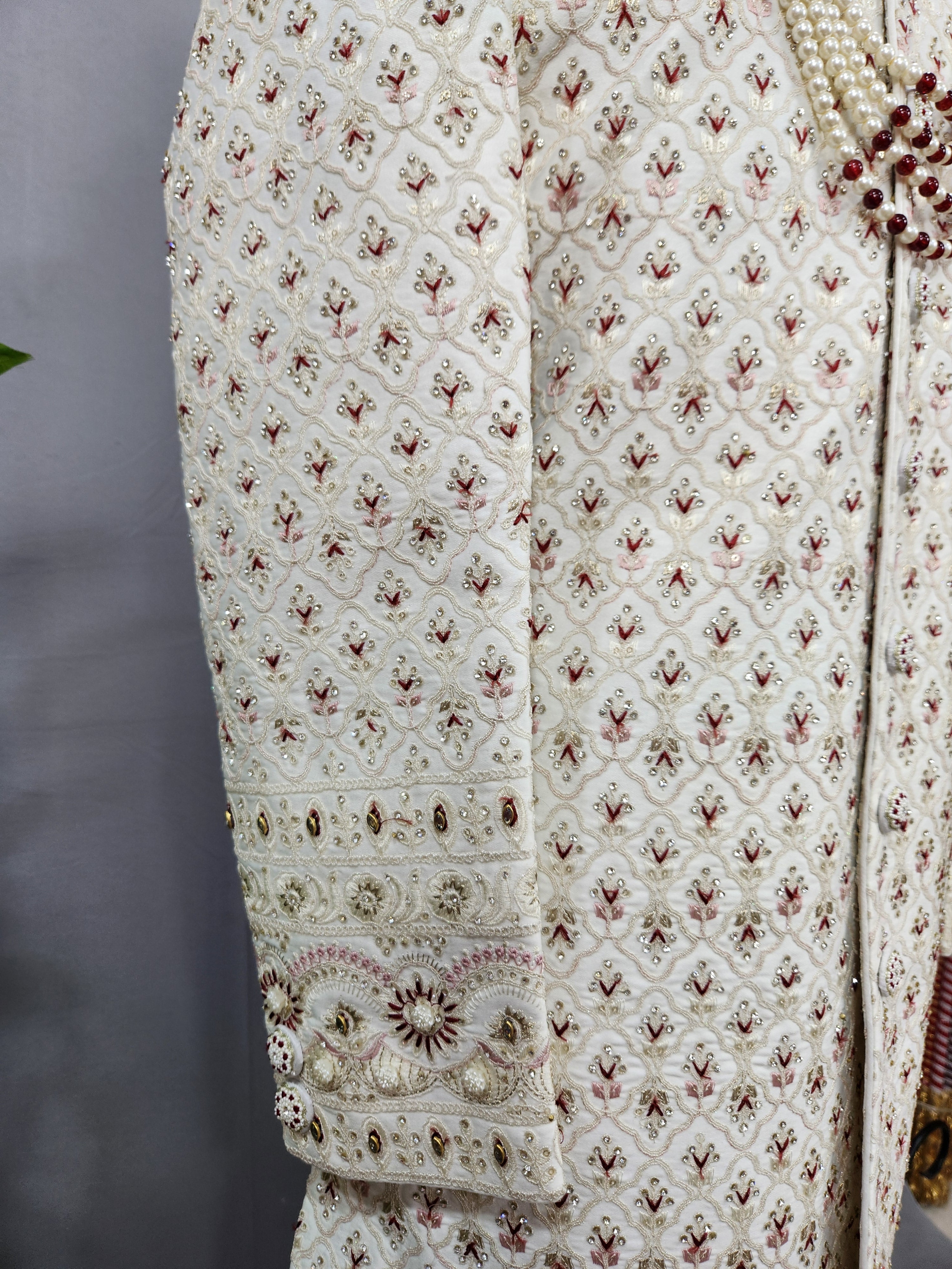 White Wedding Groom Sherwani - Diamonds, Floral Beads Work | Sherwani For Men
