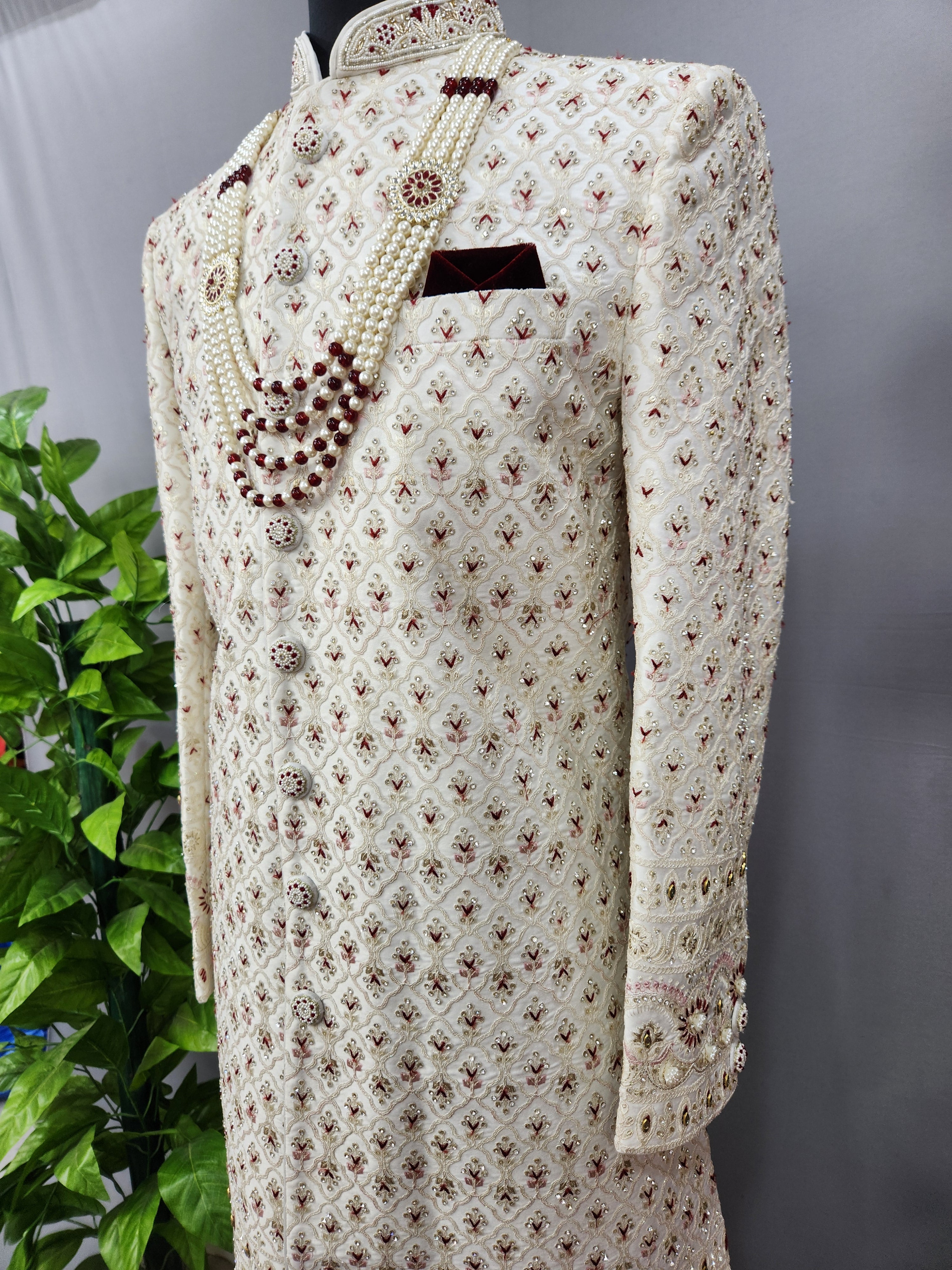 White Wedding Groom Sherwani - Diamonds, Floral Beads Work | Sherwani For Men