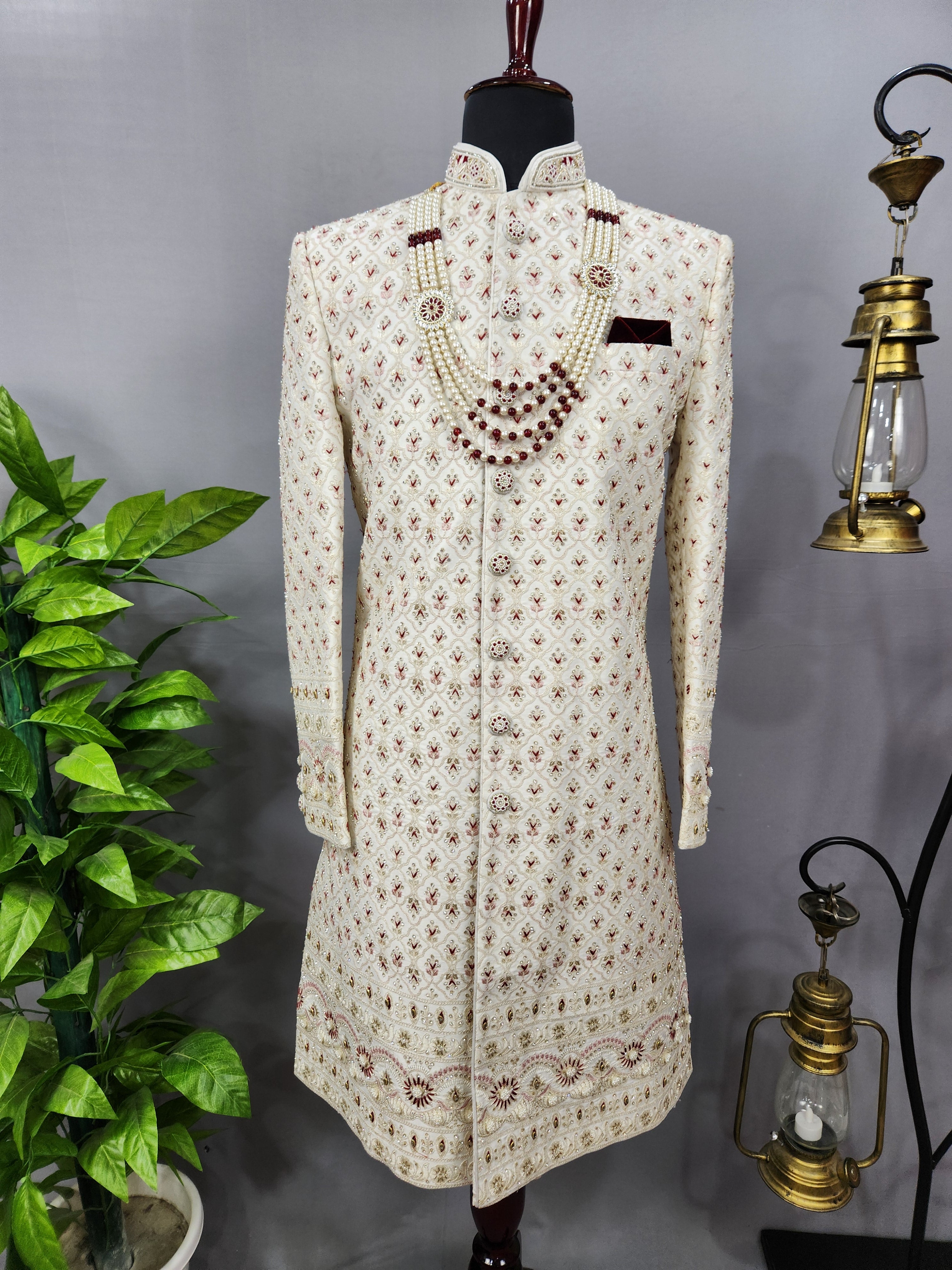 White Wedding Groom Sherwani - Diamonds, Floral Beads Work | Sherwani For Men