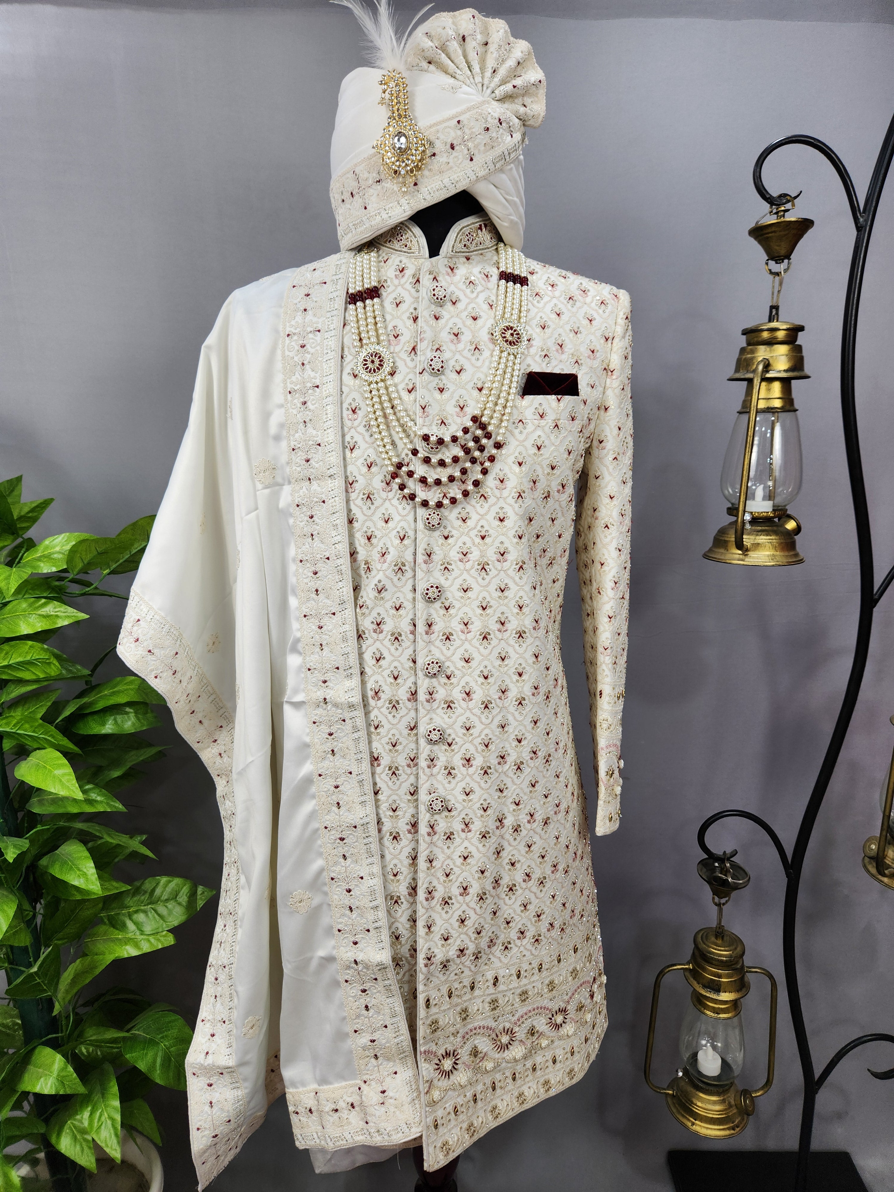 White Wedding Groom Sherwani - Diamonds, Floral Beads Work | Sherwani For Men