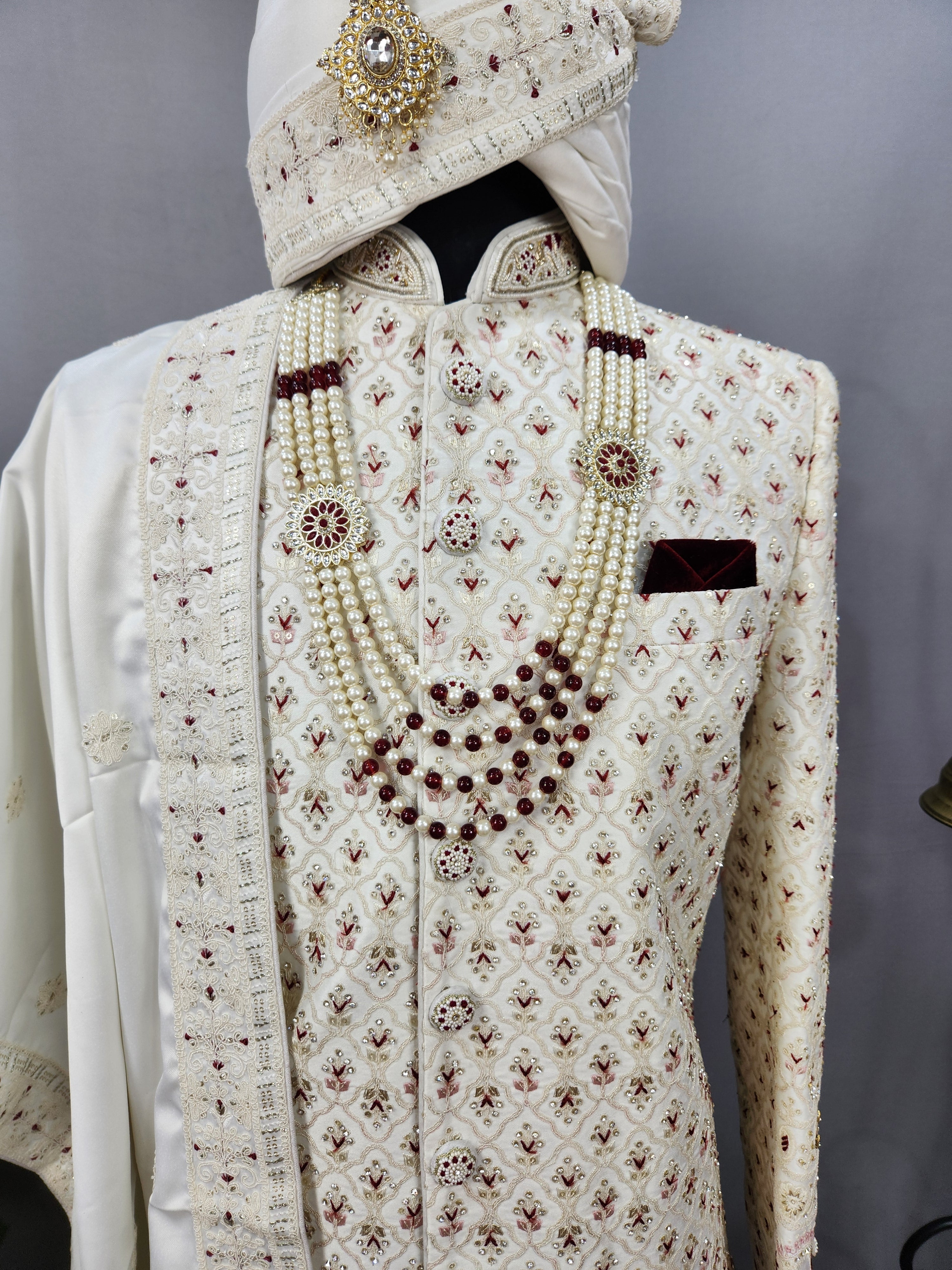 White Wedding Groom Sherwani - Diamonds, Floral Beads Work | Sherwani For Men