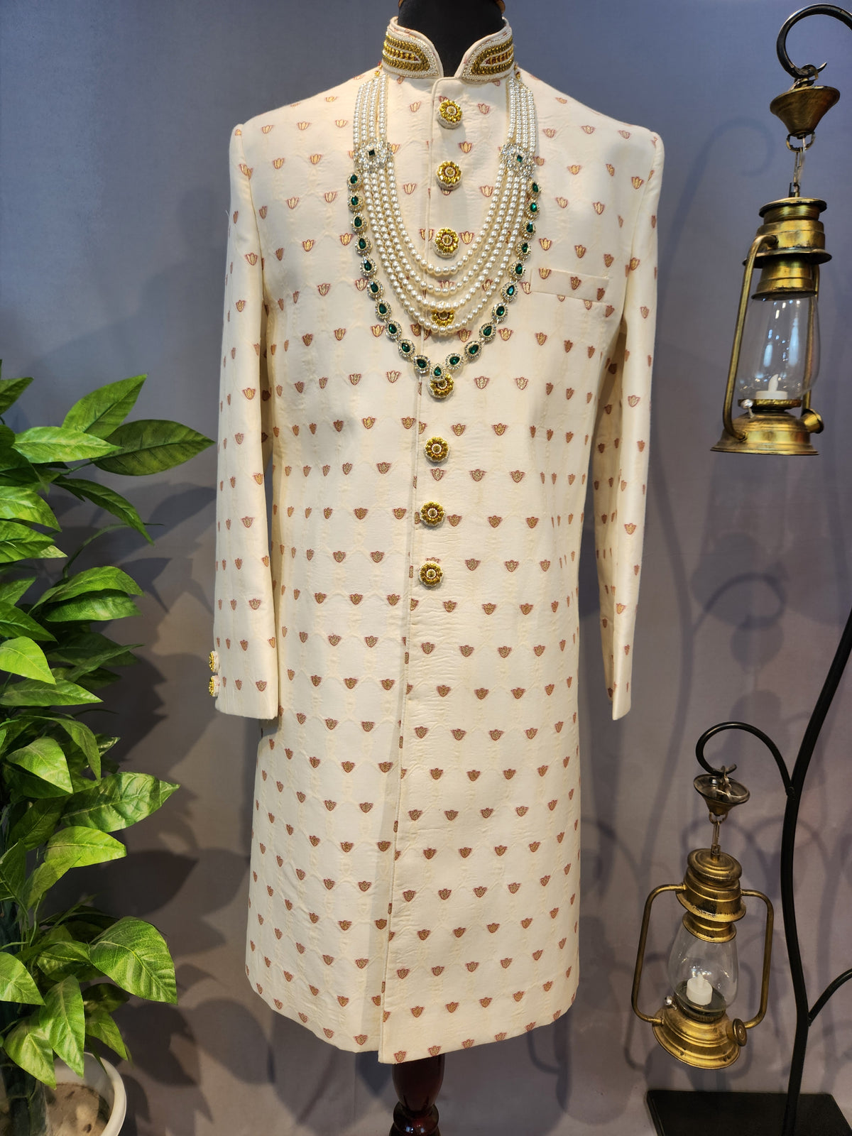 White Wedding Groom Sherwani - Benarasi Fabric | Sherwani For Men